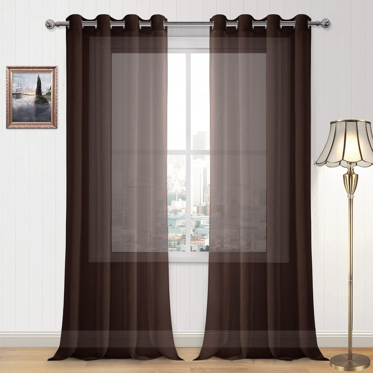 DWCN White Sheer Curtains Linen Look Semi Transparent Voile Grommet White Curtains for Living Dining Room Drapes 52 x 84 Inch Long, Set of 2 Panels