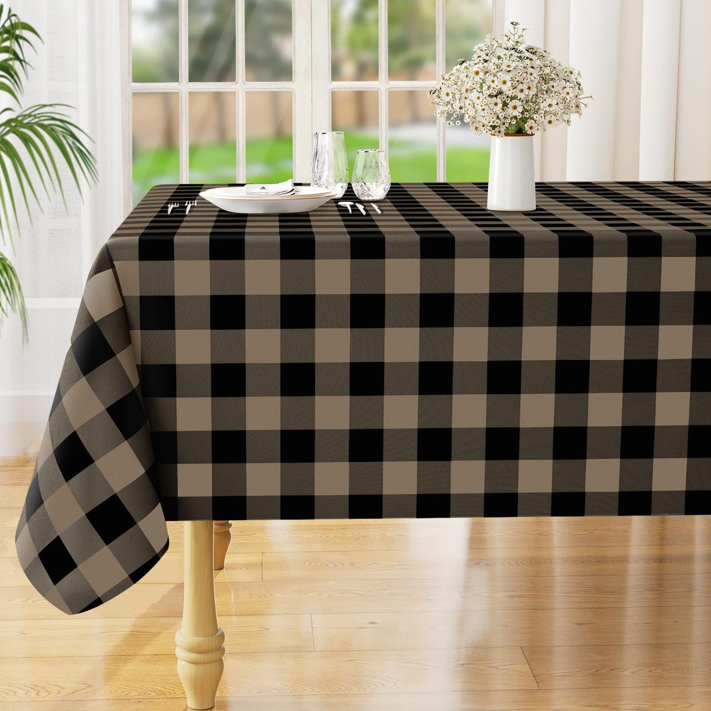 Rectangle Waterproof Vinyl Table Cloth, Buffalo Flannel Backed Tablecloth, Wipeable Plastic Table Cover for Dinner, Kitchen, Outdoor (60" x 84", Black and White)