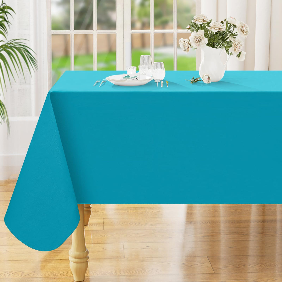 Smiry Rectangle Table Cloth 60x84 Inch, Waterproof Wipeable Vinyl Tablecloths Protector, Oil Spill Proof Plastic Table Cover for Dining, Picnic, Camping, Outdoor, Beige
