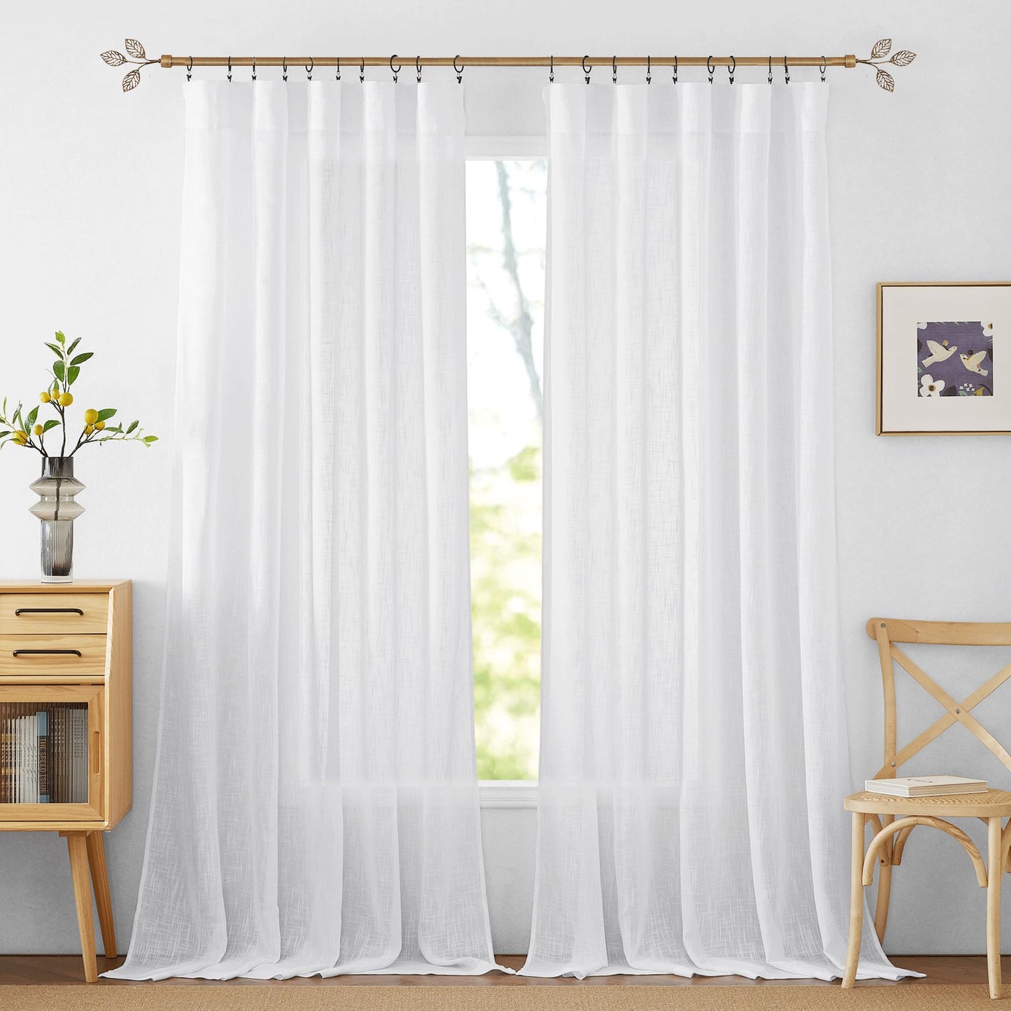 RYB HOME White Semi Sheer Curtains 84 inches Long for Living Room | Half Privacy, Linen Textured, Sheer Light Filtering, Vertical Window Drapes, for Bedroom Dining, White, W52 x L84, 2 Panels