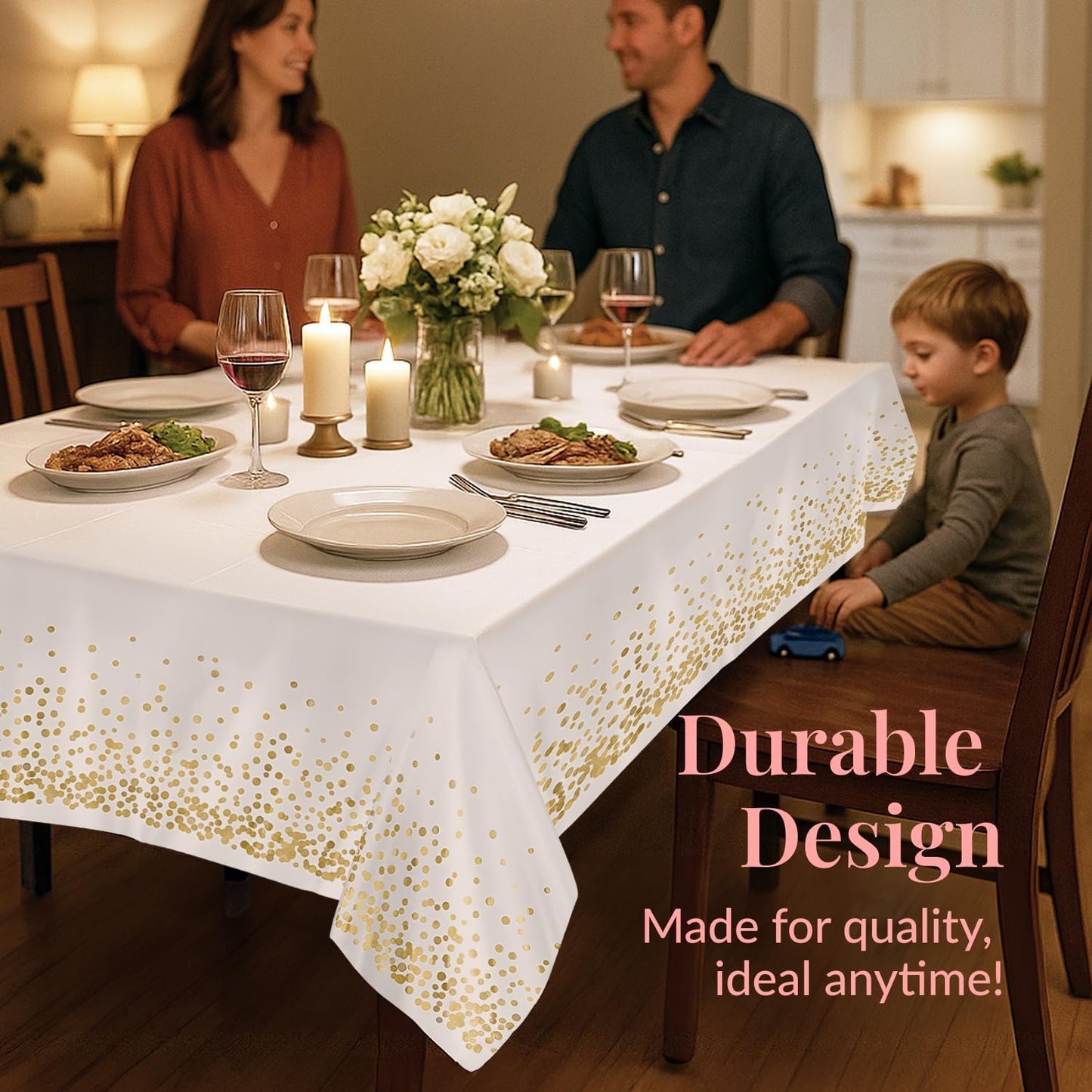 Prestee 12-Pack White and Gold Tablecloth - 54x108 Inch - Disposable Table Covers for Party, Weddings, and Holidays - Waterproof Christmas Tablecloth, Stain-Resistant Plastic Table Cover Set