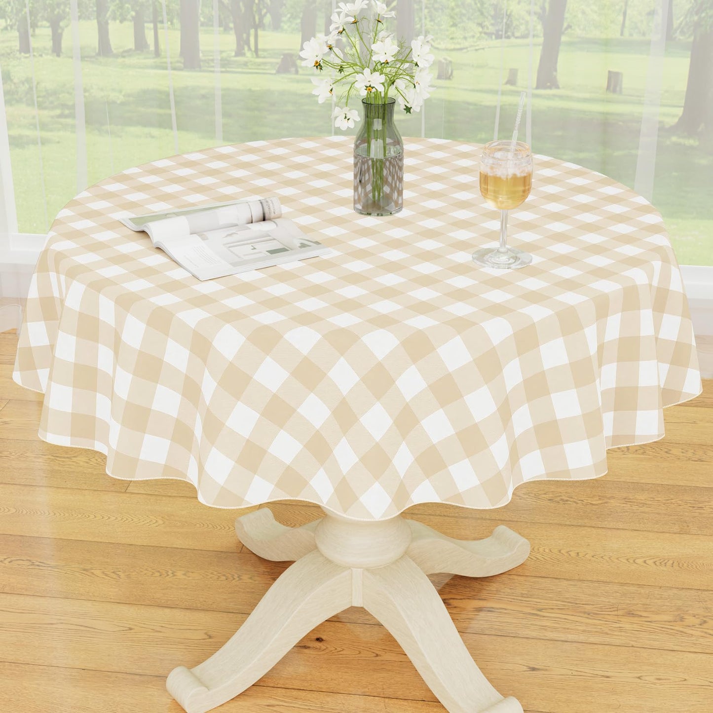Smiry Picnic Table Cloth, Vinyl Tablecloths with Flannel Backing, 60"x84" | Waterproof Rectangle Table Cloth, Wipeable Buffalo Plaid Table Cover for Indoor and Outdoor (Khaki & White)
