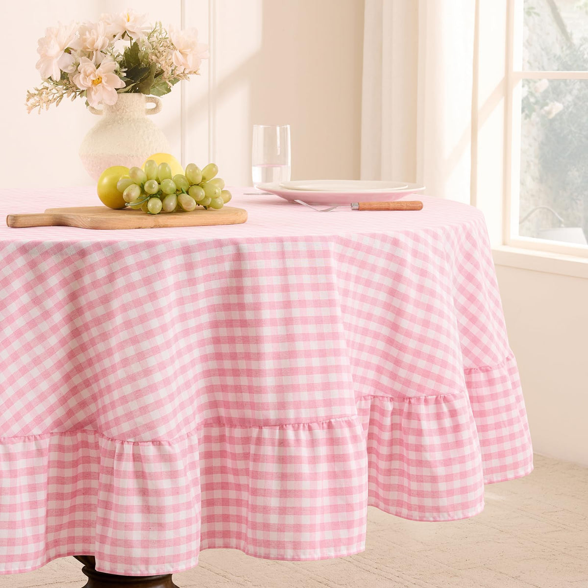 Romanstile Gingham Ruffled Tablecloth Rectangle, 60 x 84 Inch, Sage Green | Waterproof Checkered Table Cloth, Polyester-cotton, Farmhouse Plaid Table Cover for Outdoor, Picnic, Camping, Party
