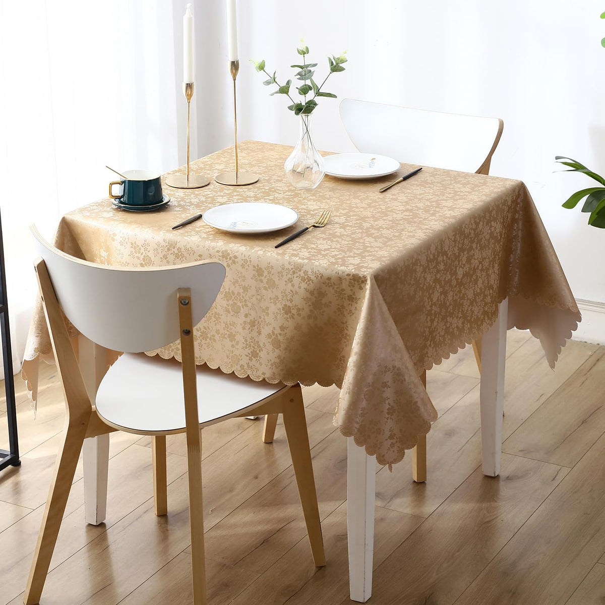 Smiry Rectangle Waterproof Heavy Duty Vinyl Tablecloths, 60 x 84 Inch | Wipeable Washable Floral Embossed Table Cover for Kitchen and Dining Room, Indoor & Outdoor Use, Beige