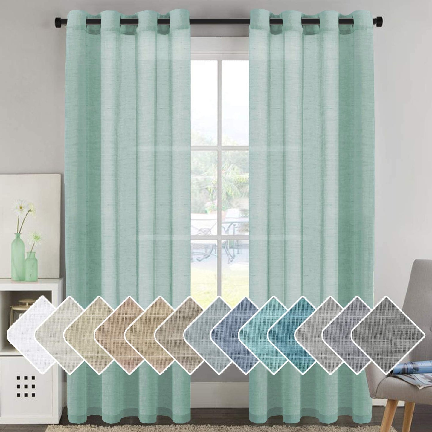 H.VERSAILTEX Natural Linen Sheer Curtains Flax Linen Blended Curtain Panels Living Room, Nickel Grommet Semitransparent Semi-Sheer Soft Privacy Drapes, Natural, 84 inches Long 2 Panels