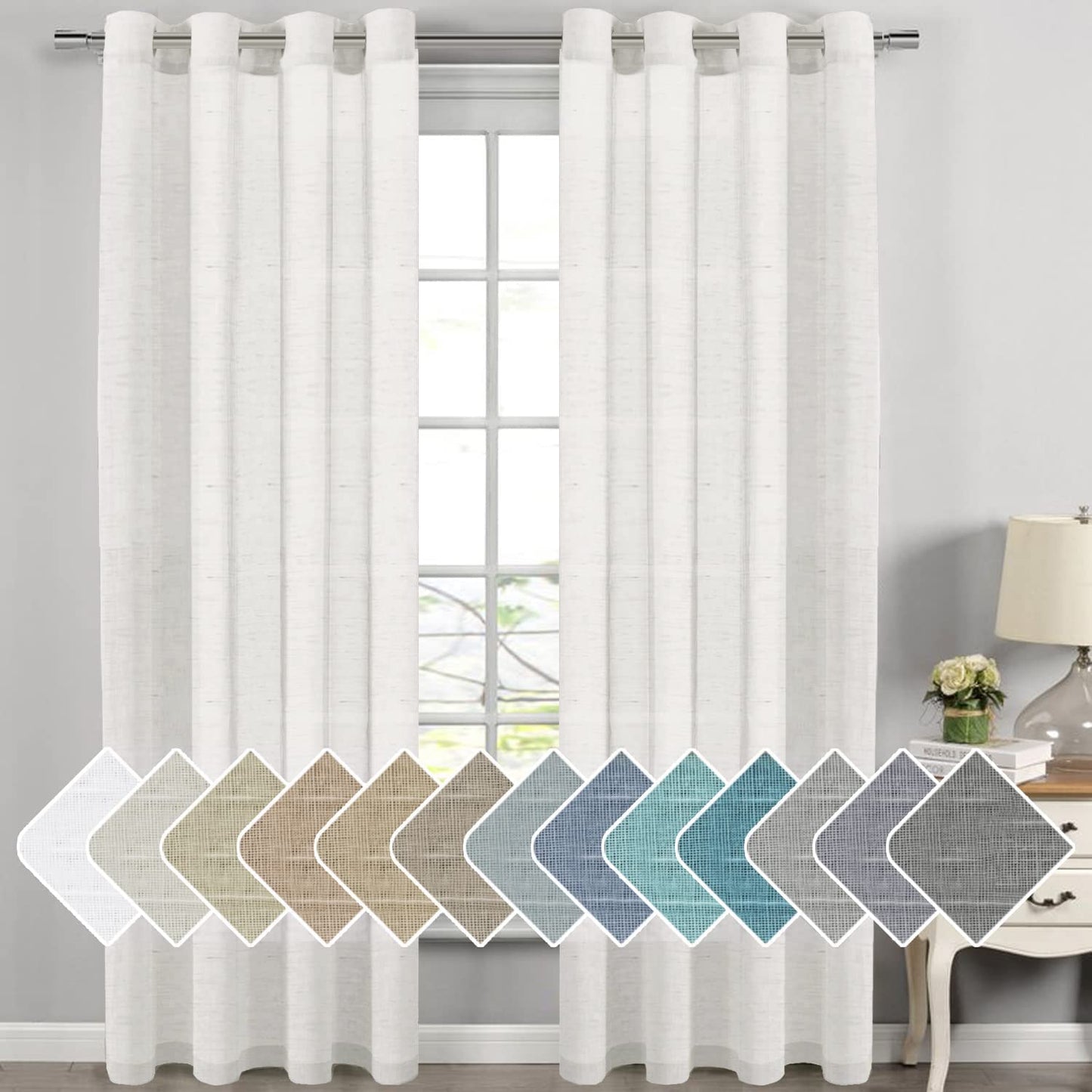 H.VERSAILTEX Natural Linen Sheer Curtains Flax Linen Blended Curtain Panels Living Room, Nickel Grommet Semitransparent Semi-Sheer Soft Privacy Drapes, Natural, 84 inches Long 2 Panels