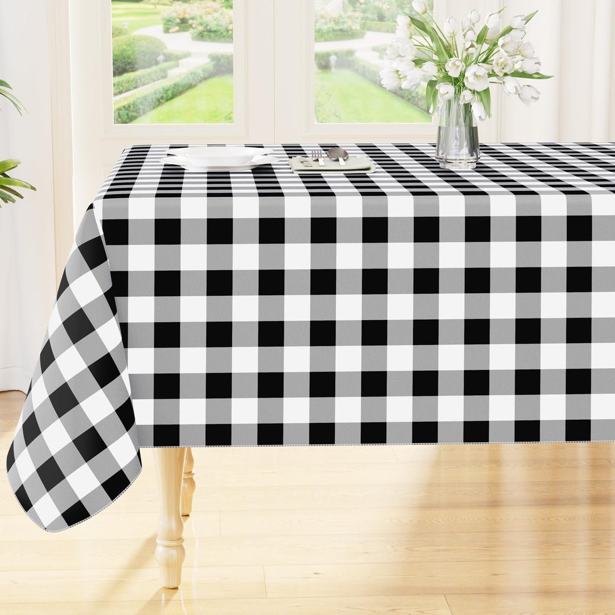 Smiry Picnic Table Cloth, Vinyl Tablecloths with Flannel Backing, 60"x84" | Waterproof Rectangle Table Cloth, Wipeable Buffalo Plaid Table Cover for Indoor and Outdoor (Khaki & White)