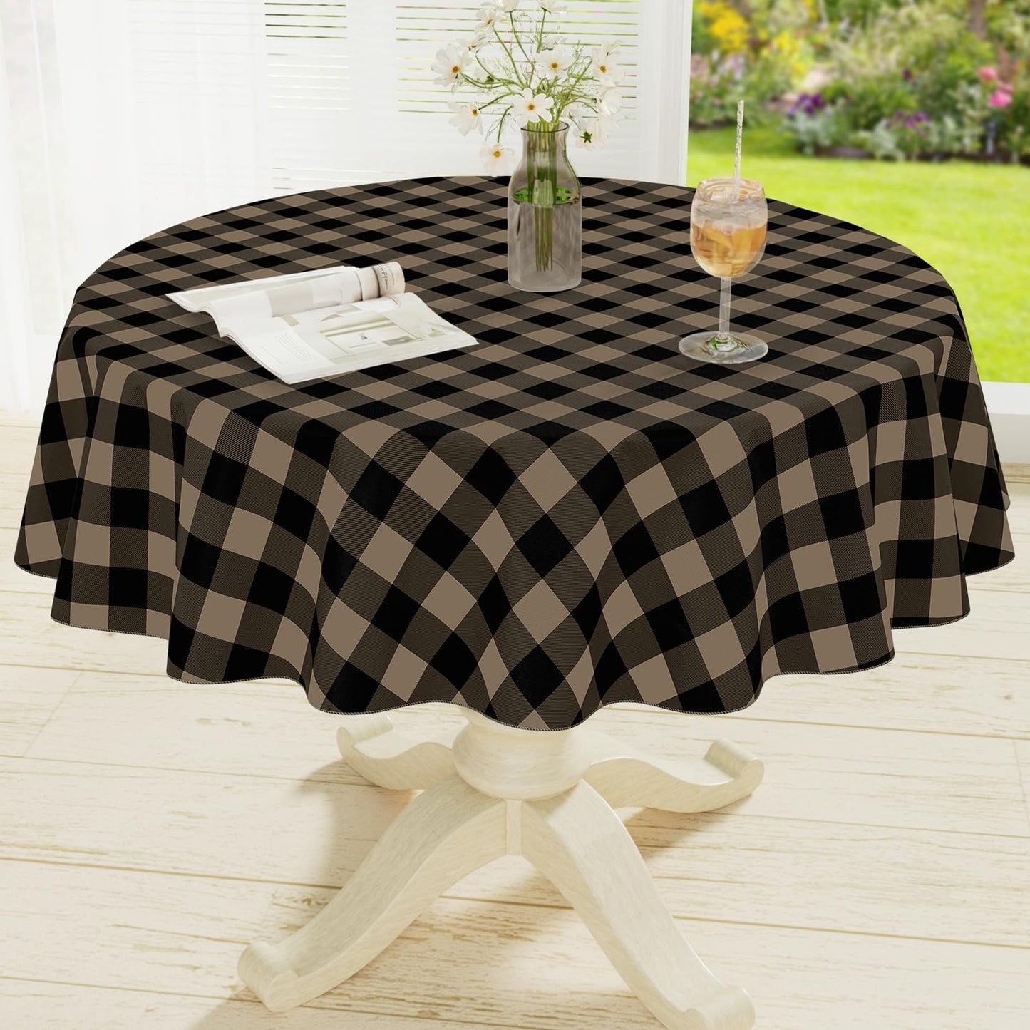 Rectangle Waterproof Vinyl Table Cloth, Buffalo Flannel Backed Tablecloth, Wipeable Plastic Table Cover for Dinner, Kitchen, Outdoor (60" x 84", Black and White)