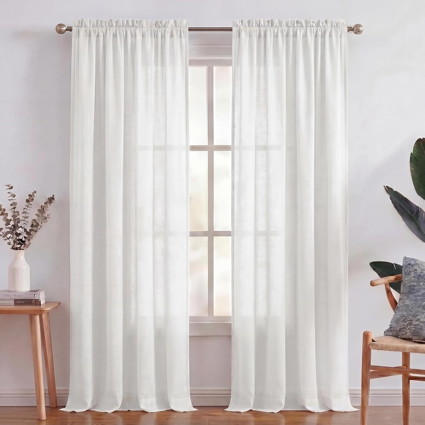 Turquoize White Linen Curtains 96 Inches Long Semi Sheer Curtains Light Filtering Linen Drapes for Living Room/Bedroom 2 Panels Set Rod Pocket Window Treatments Panels,W52 x L96, White