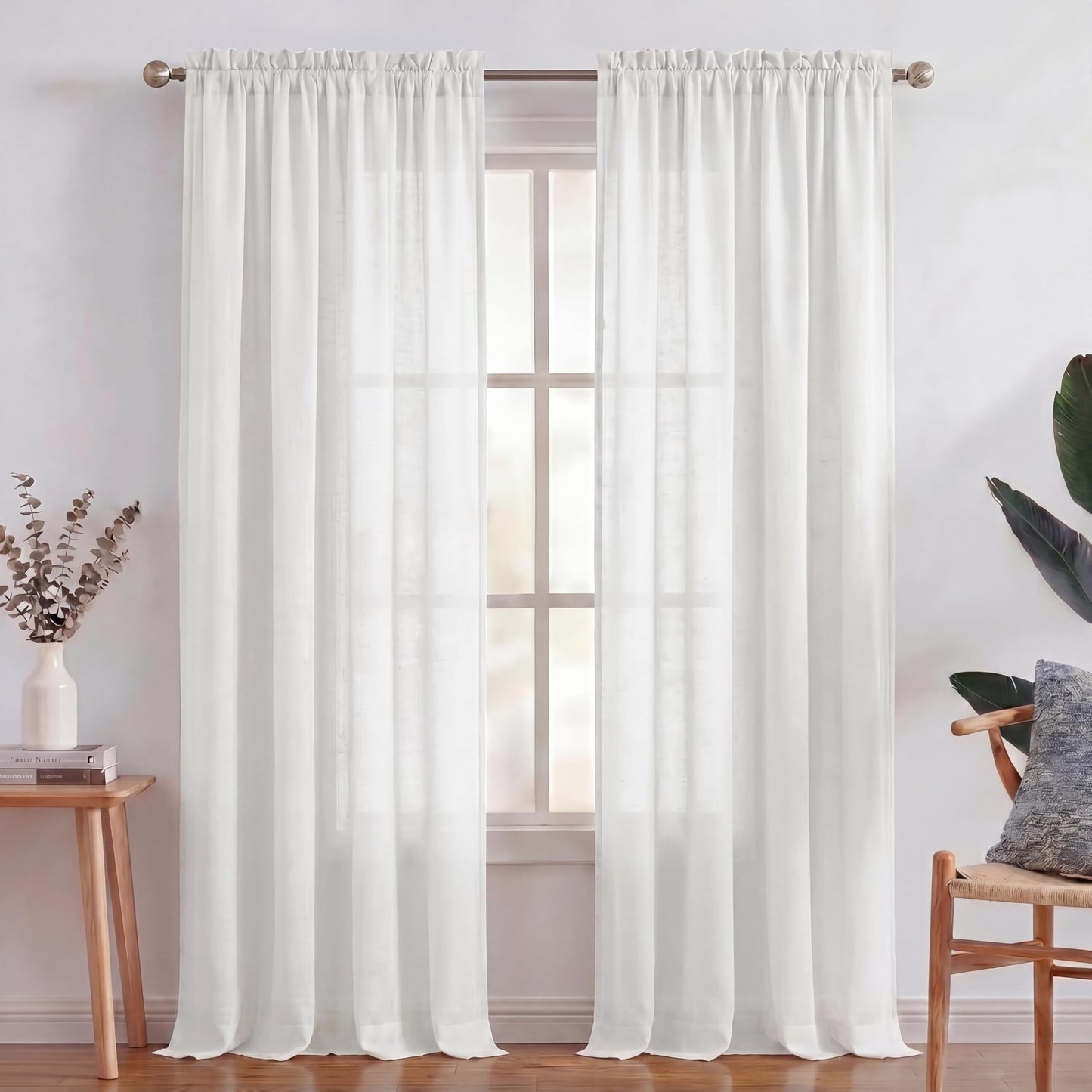 Turquoize White Linen Curtains 96 Inches Long Semi Sheer Curtains Light Filtering Linen Drapes for Living Room/Bedroom 2 Panels Set Rod Pocket Window Treatments Panels,W52 x L96, White