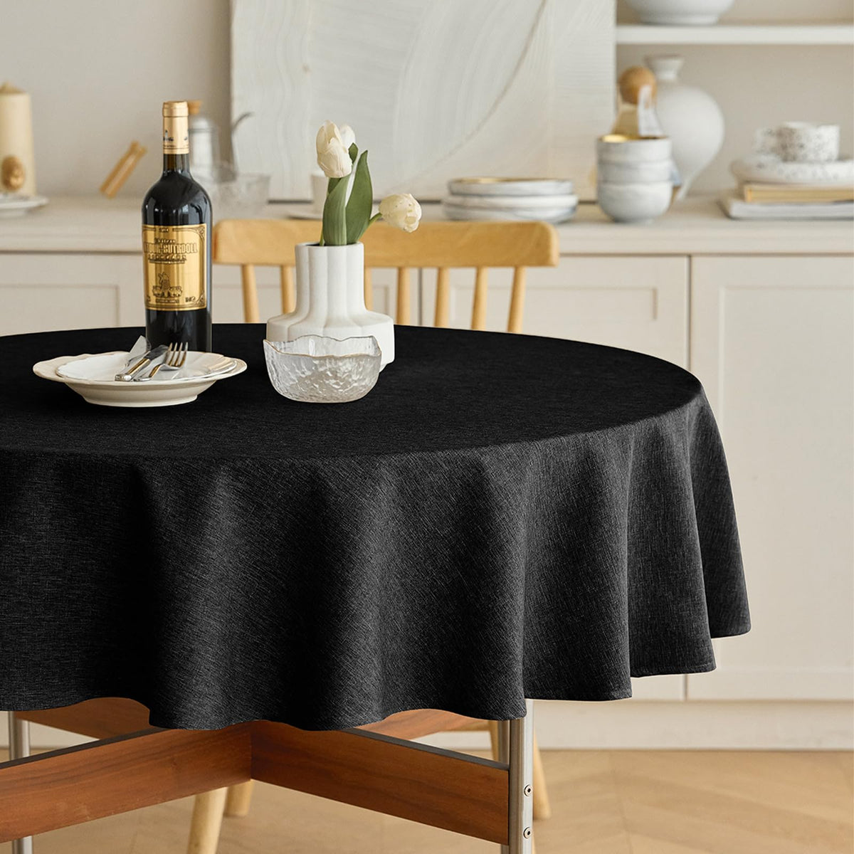 Decorelia Faux Linen Round Tablecloths 60 inch, Waterproof Decorative Washable Texture Rustic Circle Table Cloth Cover for Dining Kitchen Party Farmhouse Outdoor(Round (2-4 Seats),Sage Green)
