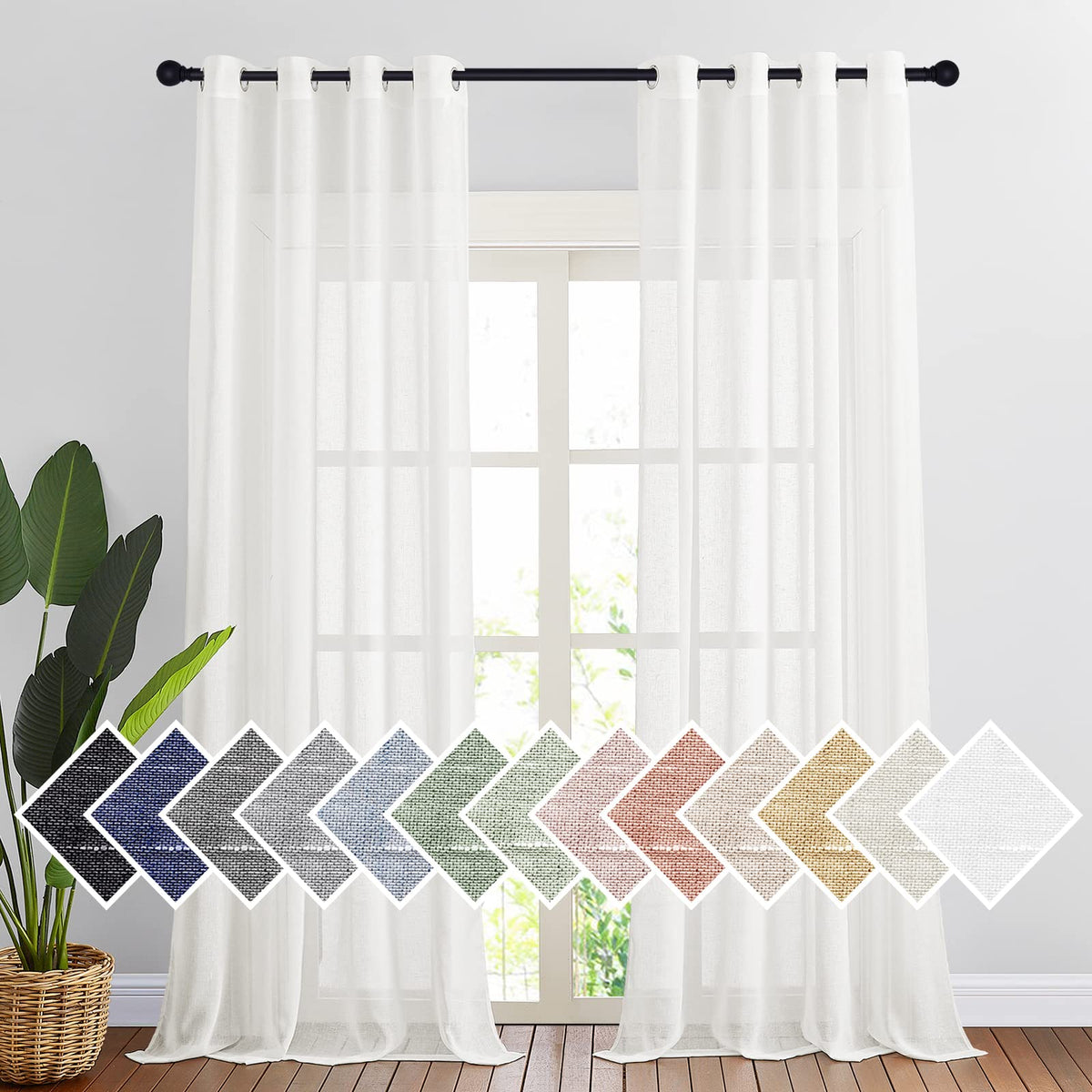 NICETOWN White Sheer Linen Curtains for Living Room 84 inch Length 2 Panels Set, Grommet Semi Sheer Privacy with Light Filtering Flax Window Treatments for Bedroom, W52 x L84