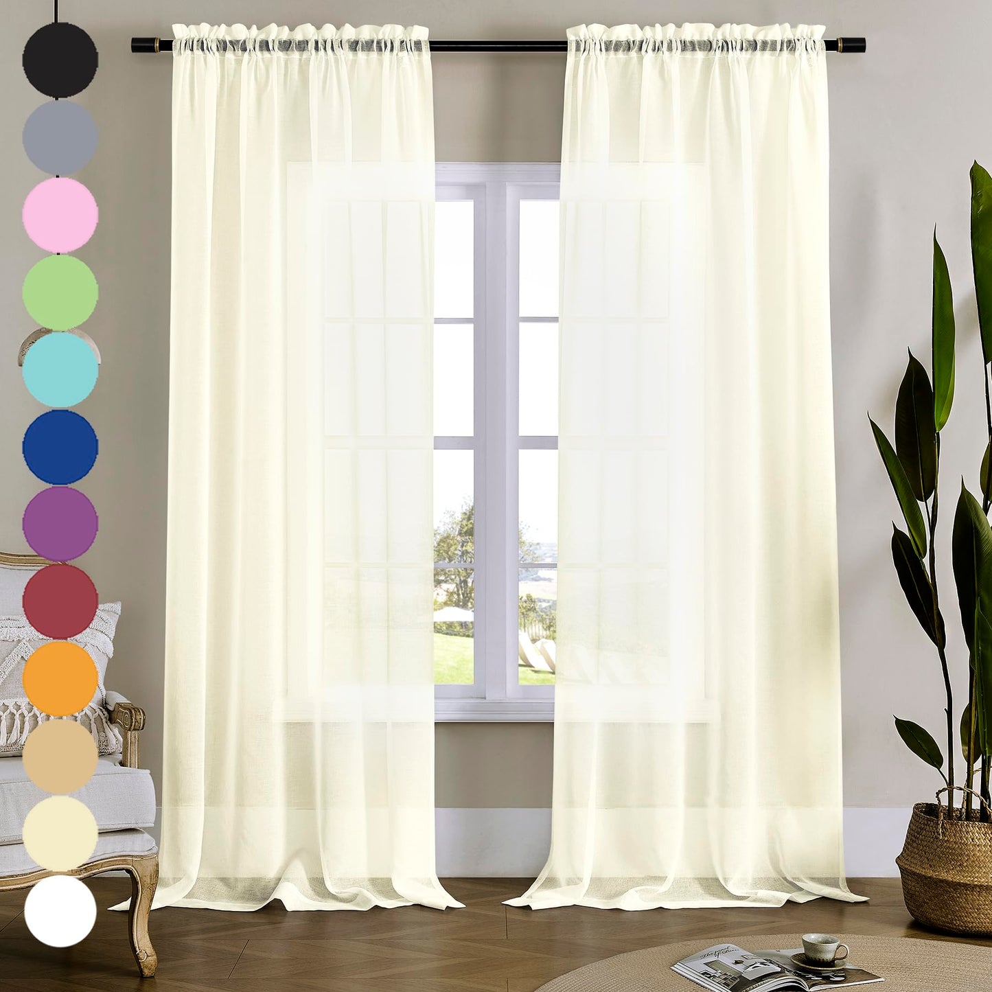 MYSTIC-HOME Sheer Curtains White 63 Inch Length, Rod Pocket Voile Drapes for Living Room, Bedroom, Window Treatments Semi Crinkle Curtain Panels for Yard, Patio, Villa, Parlor, Set of 2, 52"x 63"