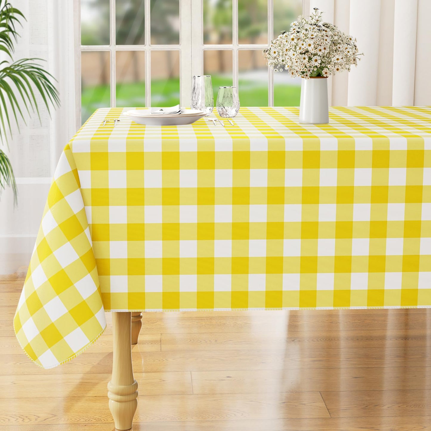 Rectangle Waterproof Vinyl Table Cloth, Buffalo Flannel Backed Tablecloth, Wipeable Plastic Table Cover for Dinner, Kitchen, Outdoor (60" x 84", Black and White)