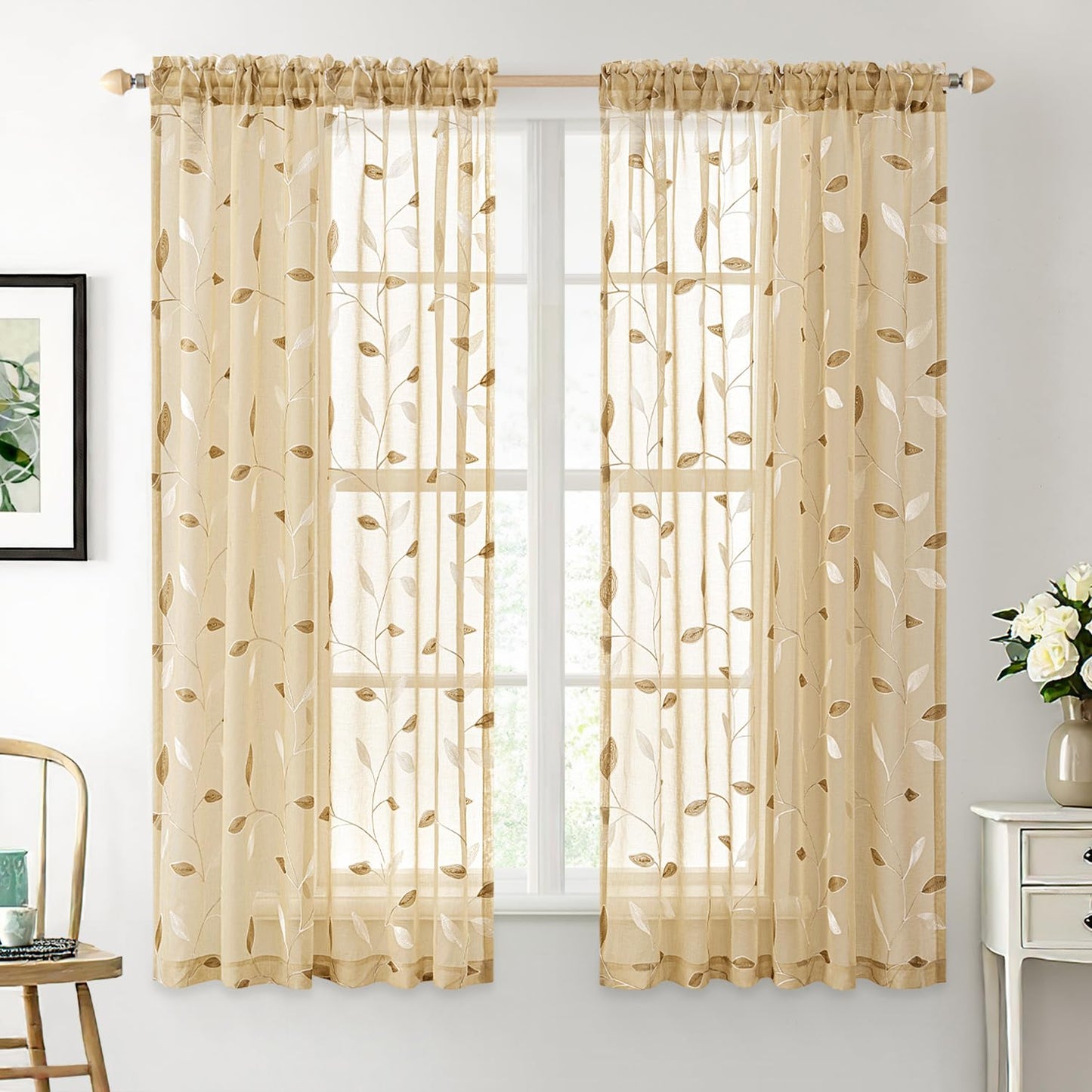 MIULEE Sage Green Sheer Curtains 2 Panels Leaf Patterned, W52 x L84 | Embroidered Floral Semi Sheer,Rod Pocket,Faux Linen,Short Window Curtains Drapes Set for Kitchen/Bathroom/Cafe