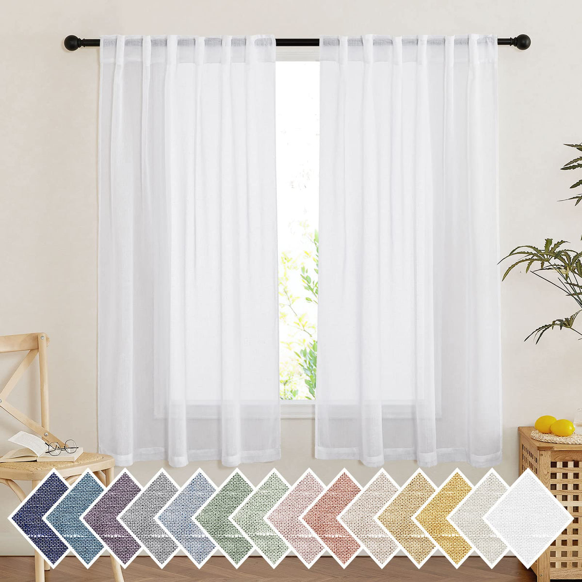 NICETOWN Semi Sheer White Curtains 84 inch Long, Rod Pocket & Back Tab Sheer Linen Curtains & Drapes Balance Privacy & Light Panels for Bedroom/Living Room, W52 x L84, 2 Panels