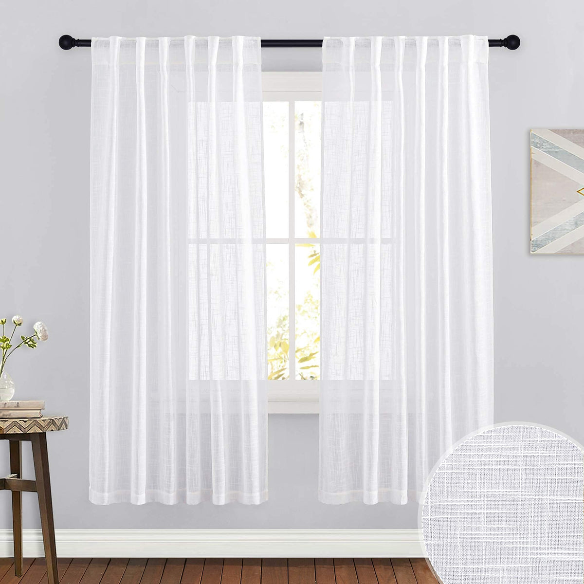 RYB HOME White Sheer Curtains for Living Room Patio Glass Door, W52 x L95 | Linen Texture, Light Filtering Privacy, Airy Translucent, Back Tab, Bedroom Office Balcony, W52 x L95, 2 Panels