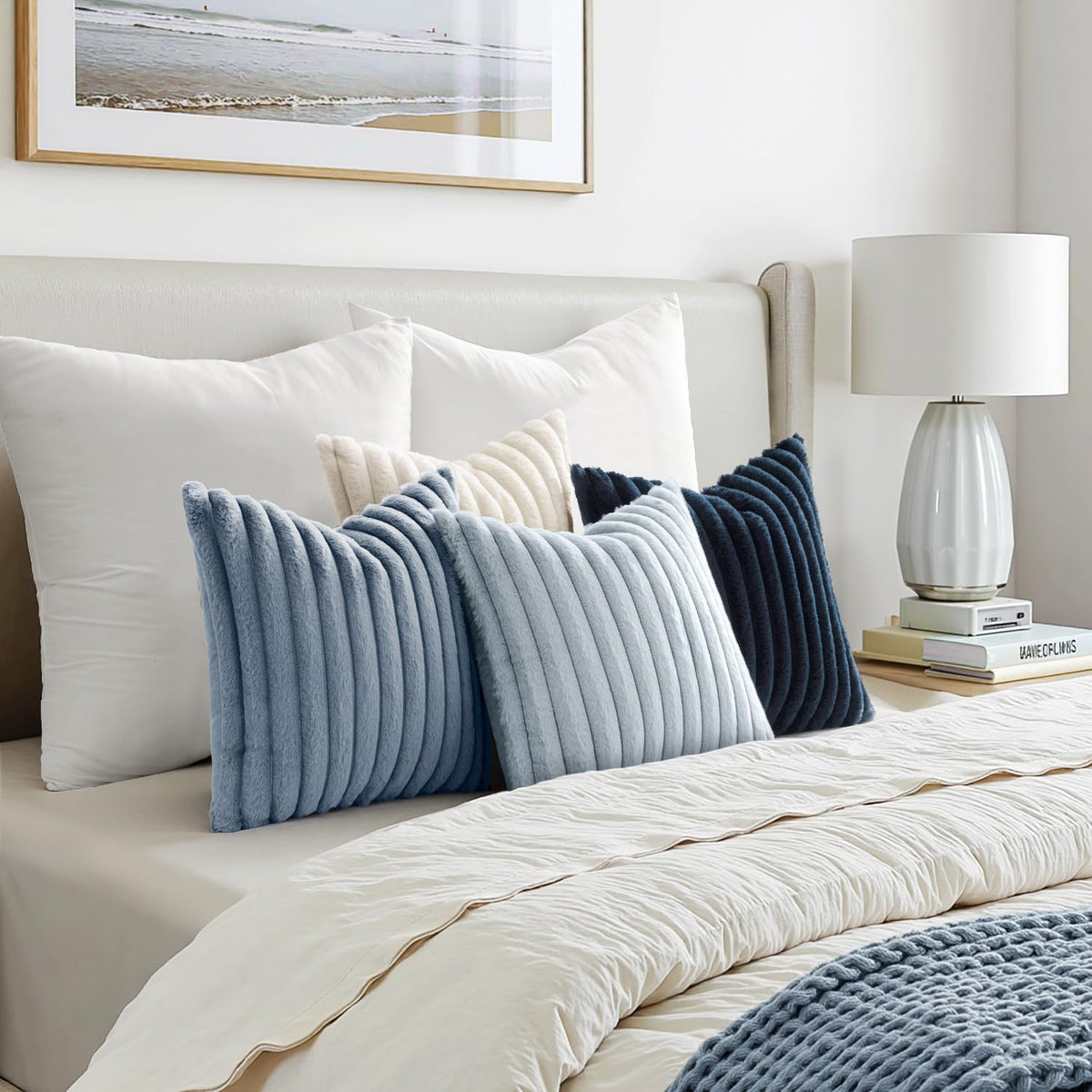 MIULEE Faux Fur Plush Decorative Throw Pillow Covers 18x18, Navy Blue | Set of 4, Striped, Soft Coastal Modern Cozy Home Decor, Cushion Cases for Sofa Couch Bed Living Room