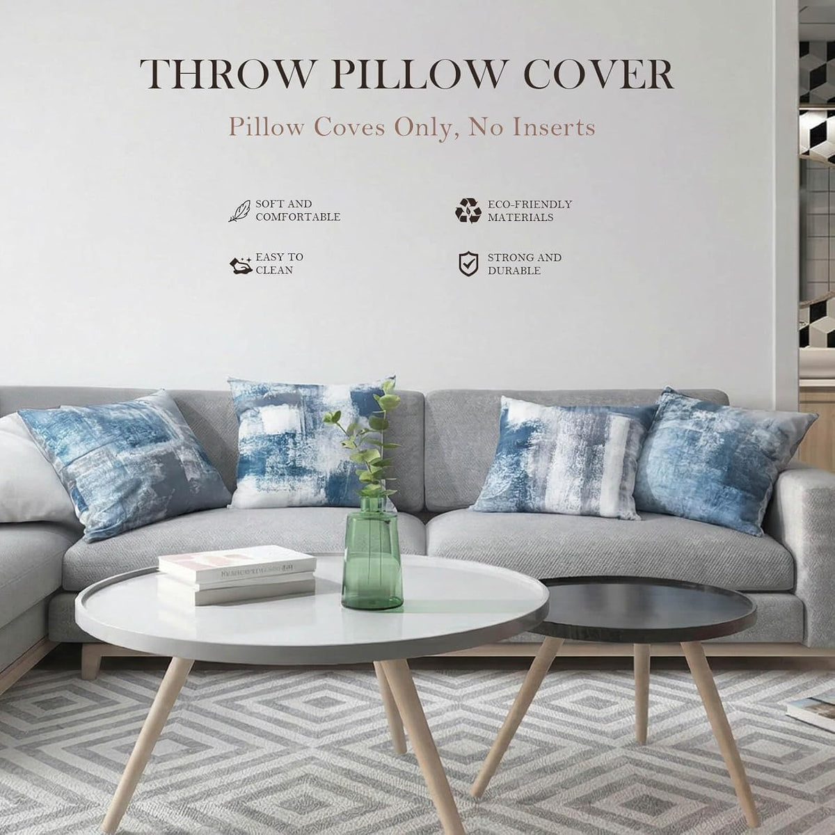 Set of 4 Blue and Grey Abstract Art Artwork Pillow Cover 18 x 18 Inch, Gallery Modern Decorative Throw Pillows Cushion Cover for Bedroom Sofa Living Room | Double-sided vibrant artwork accent cushion covers. Perfect decorative pillows for couch, sofa, bed