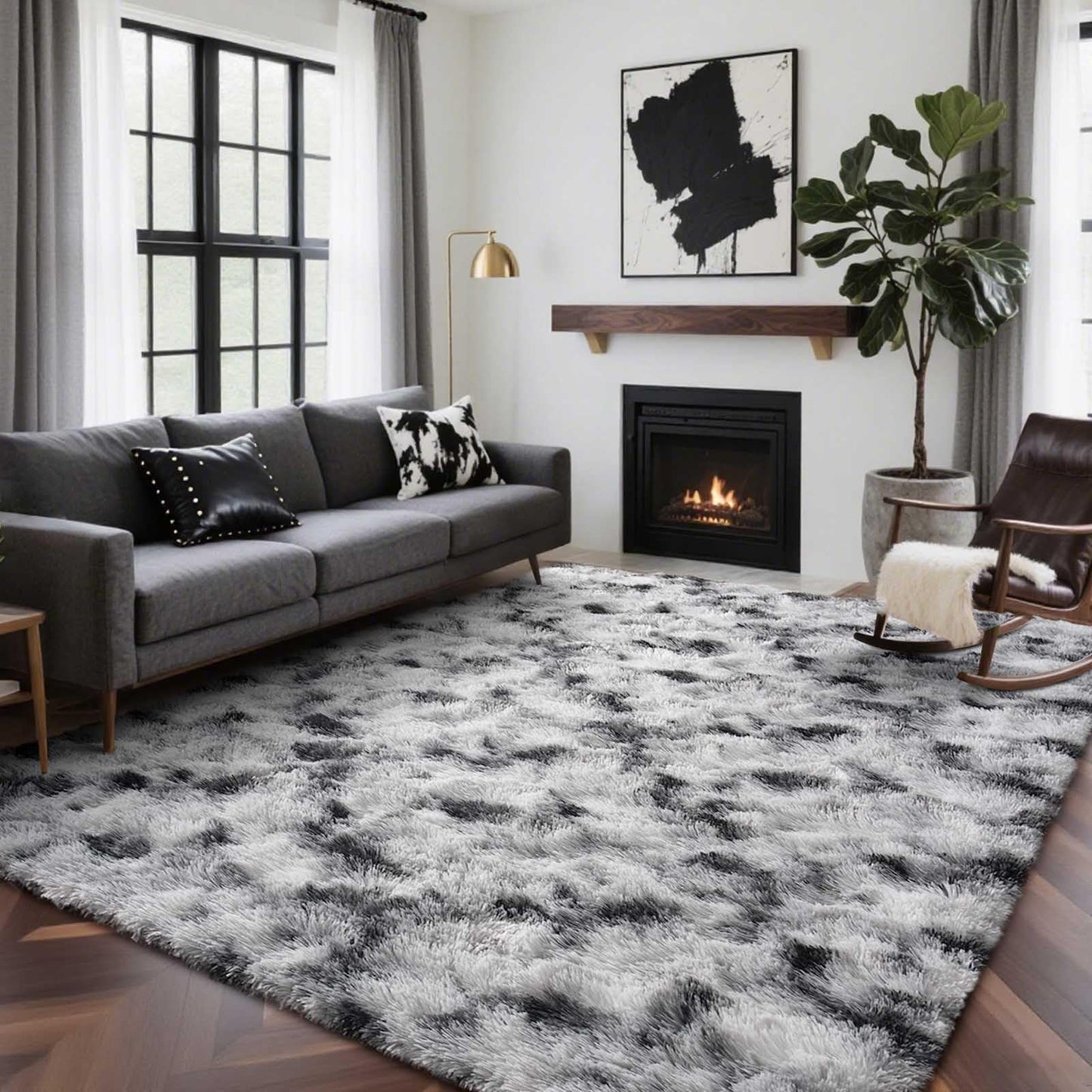 6x9 Ft Large Shag Rugs for Living Room Decor, Tie-Dyed Ultra Soft Fluffy Furry Area Rugs for Bedroom Indoor Floor, Aesthetic Carpet for Kids Home (Dark Grey)