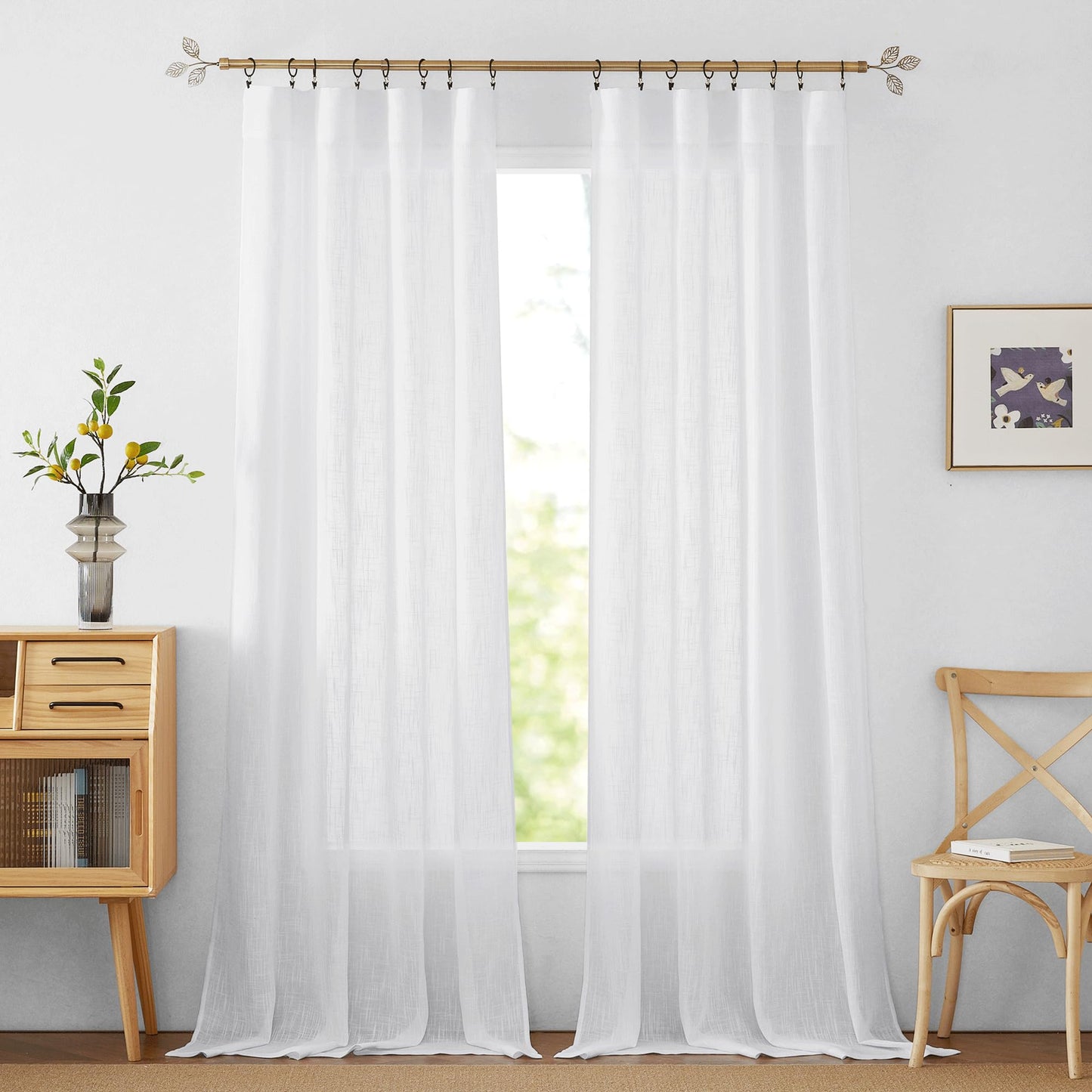 RYB HOME White Semi Sheer Curtains 84 inches Long for Living Room | Half Privacy, Linen Textured, Sheer Light Filtering, Vertical Window Drapes, for Bedroom Dining, White, W52 x L84, 2 Panels