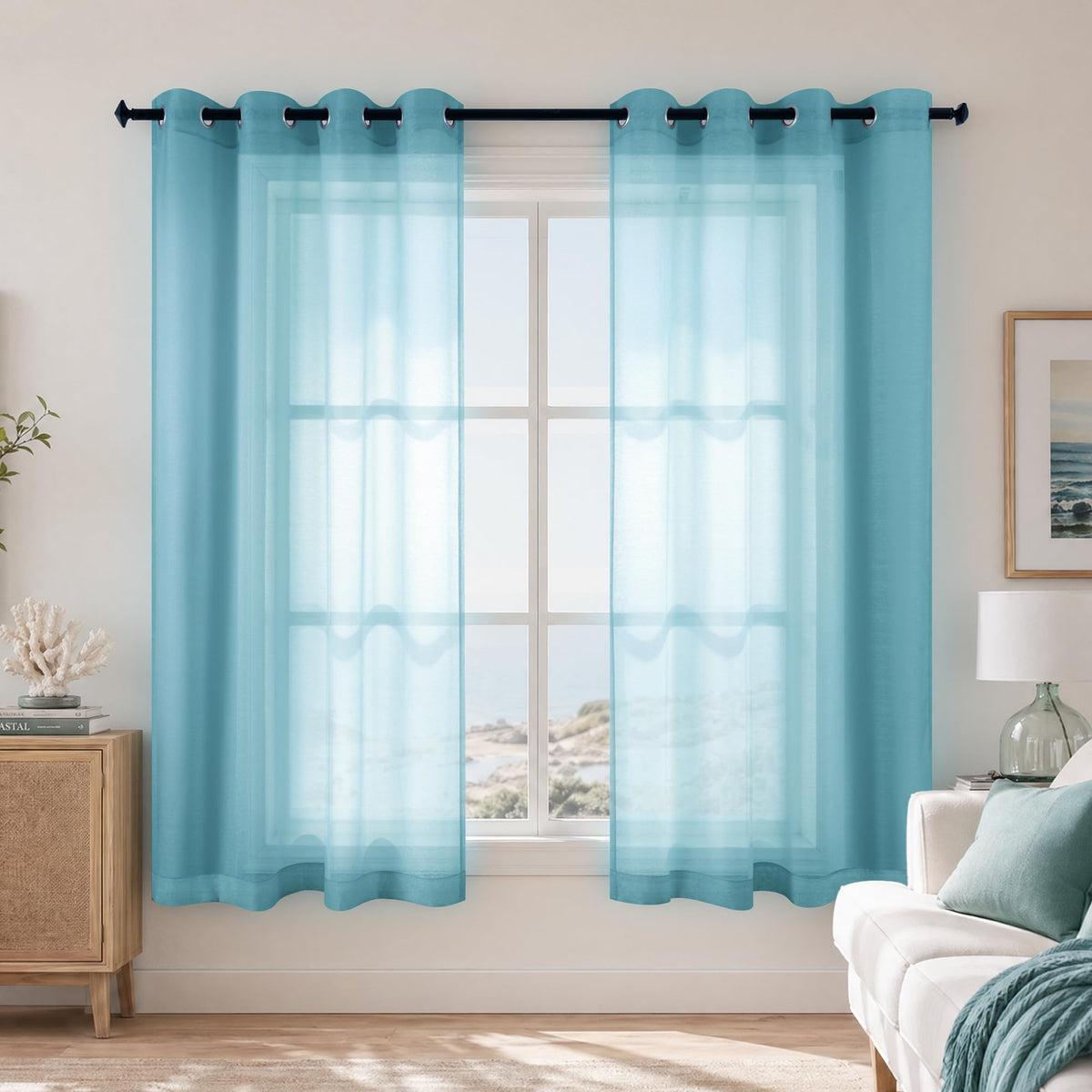 White Sheer Curtains 84 Inches Long Set 2 Panels Grommet Pair Faux Linen Semi Transparent Drape Tulle Gauze Voile Window Sheer Curtains for Bedroom Living Room Dining Wide 52 Length Solid Pack
