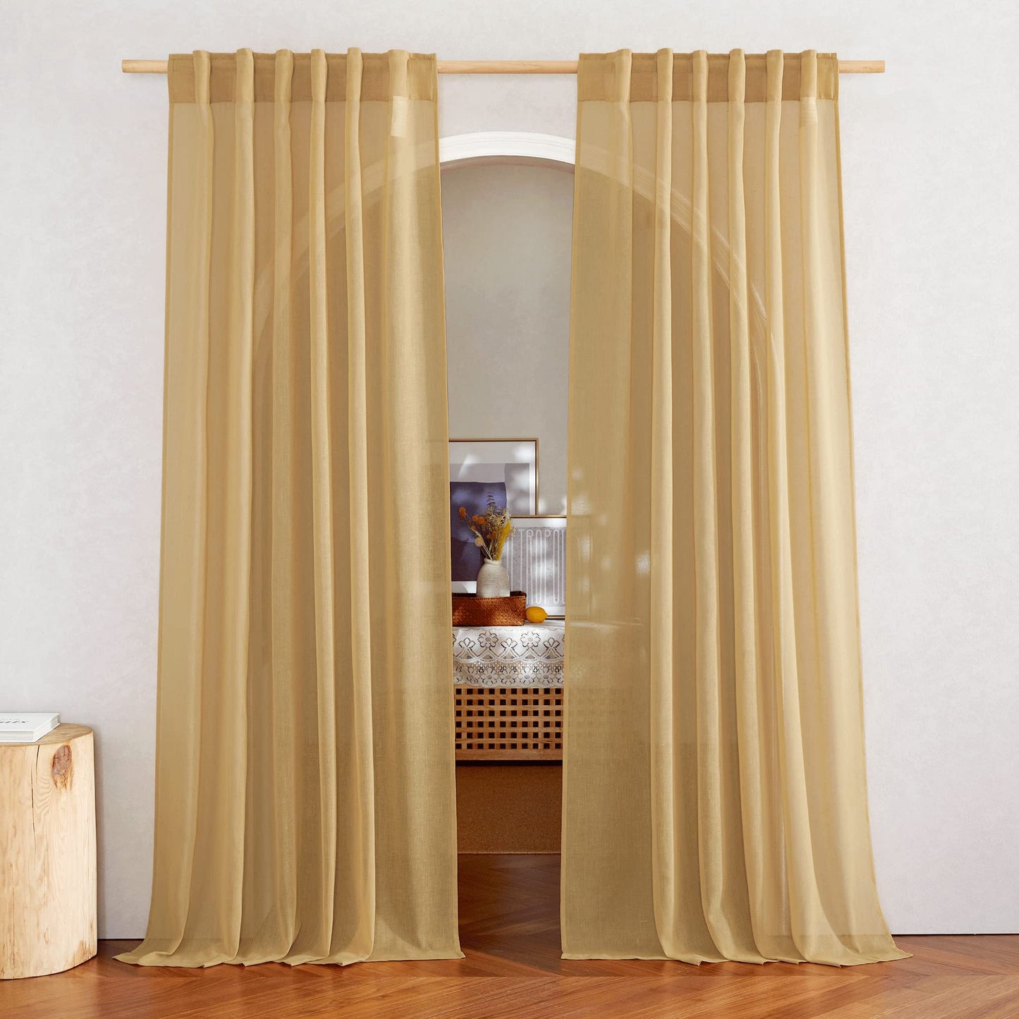 NICETOWN Semi Sheer White Curtains 84 inch Long, Rod Pocket & Back Tab Sheer Linen Curtains & Drapes Balance Privacy & Light Panels for Bedroom/Living Room, W52 x L84, 2 Panels