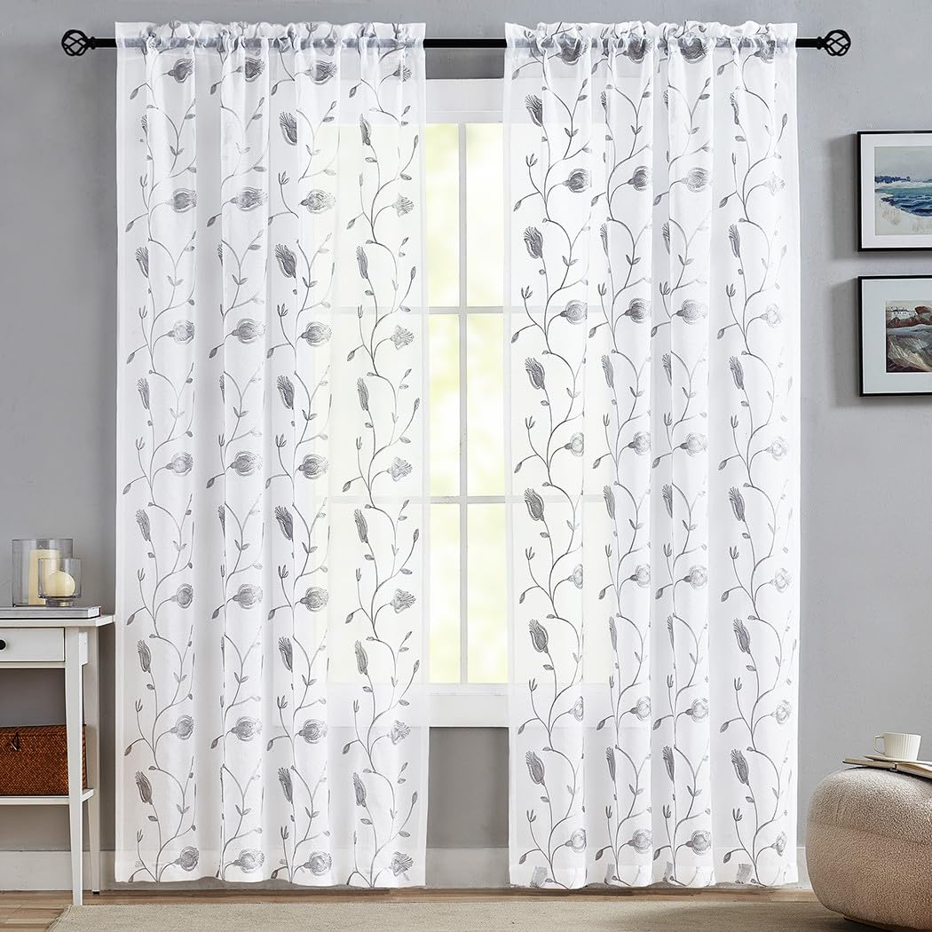 MYSTIC-HOME Sheer Curtains White 63 Inch Length, Rod Pocket Voile Drapes for Living Room, Bedroom, Window Treatments Semi Crinkle Curtain Panels for Yard, Patio, Villa, Parlor, Set of 2, 52"x 63"
