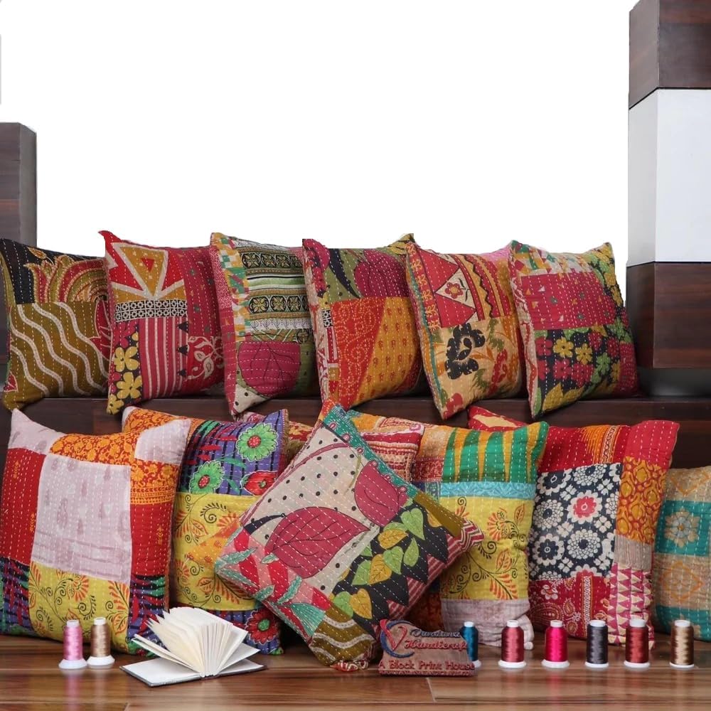 THRIVING Mixed Set of 5 Pillow, Vintage Kantha Pillow Covers, Indian Bohemian Patchwork Kantha Cushion Cover Handmade Antique Kantha Throw Pillow (18 x 18 Inch)