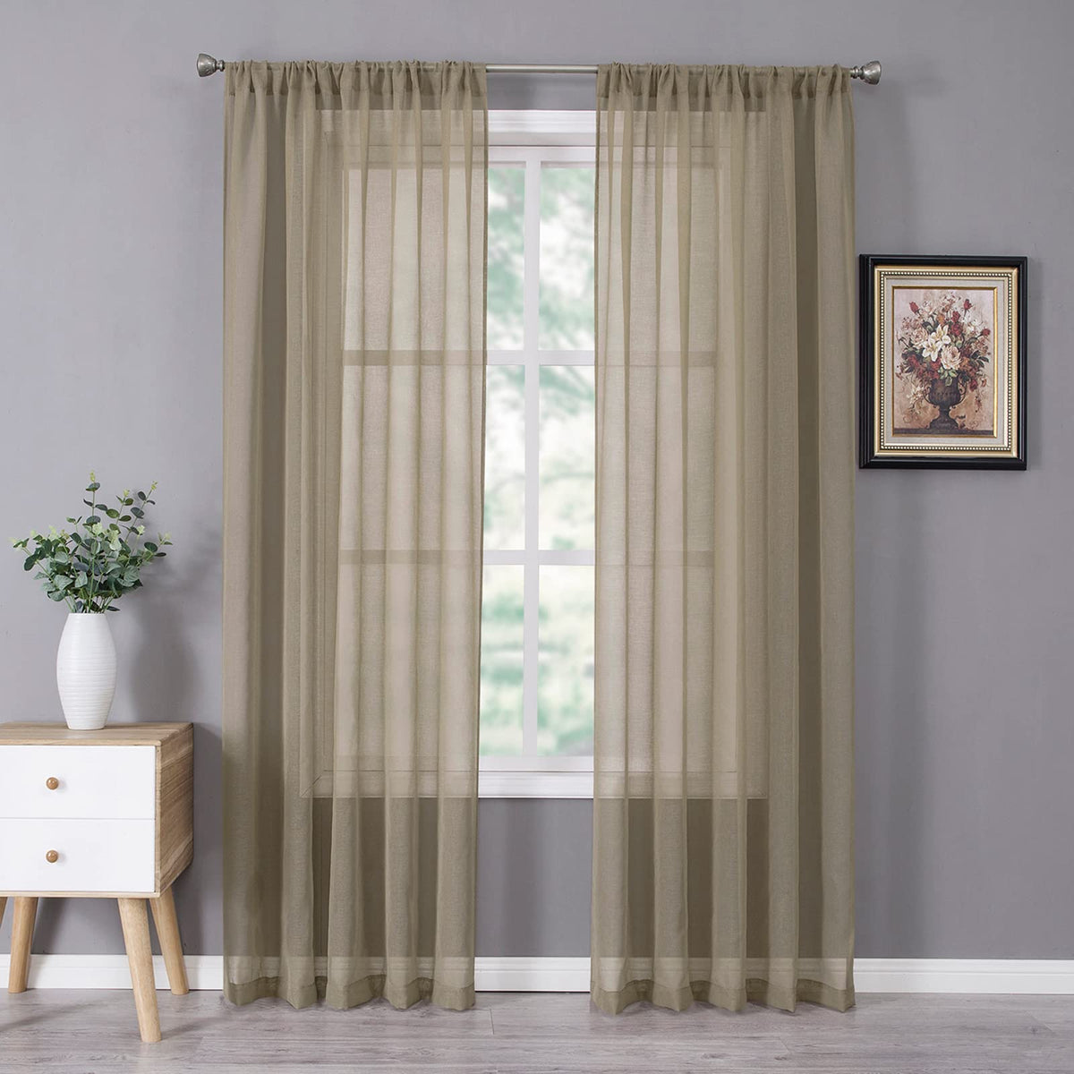 Tollpiz Sheer Curtains Living Room Linen Textured Curtain Sheers Light Filtering Voile Rod Pocket Curtains for Bedroom, 38 x 63 inches Long, White, Set of 2 Panels