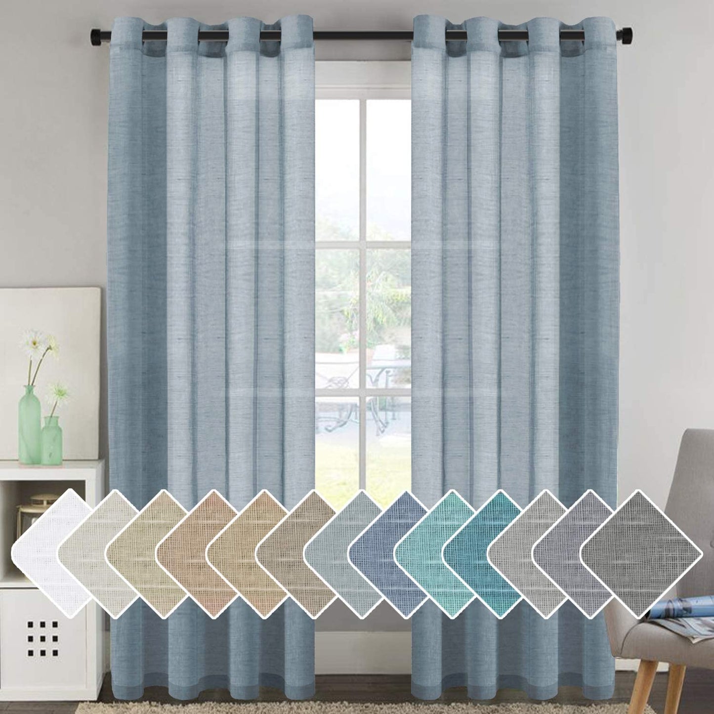H.VERSAILTEX Natural Linen Sheer Curtains Flax Linen Blended Curtain Panels Living Room, Nickel Grommet Semitransparent Semi-Sheer Soft Privacy Drapes, Natural, 84 inches Long 2 Panels