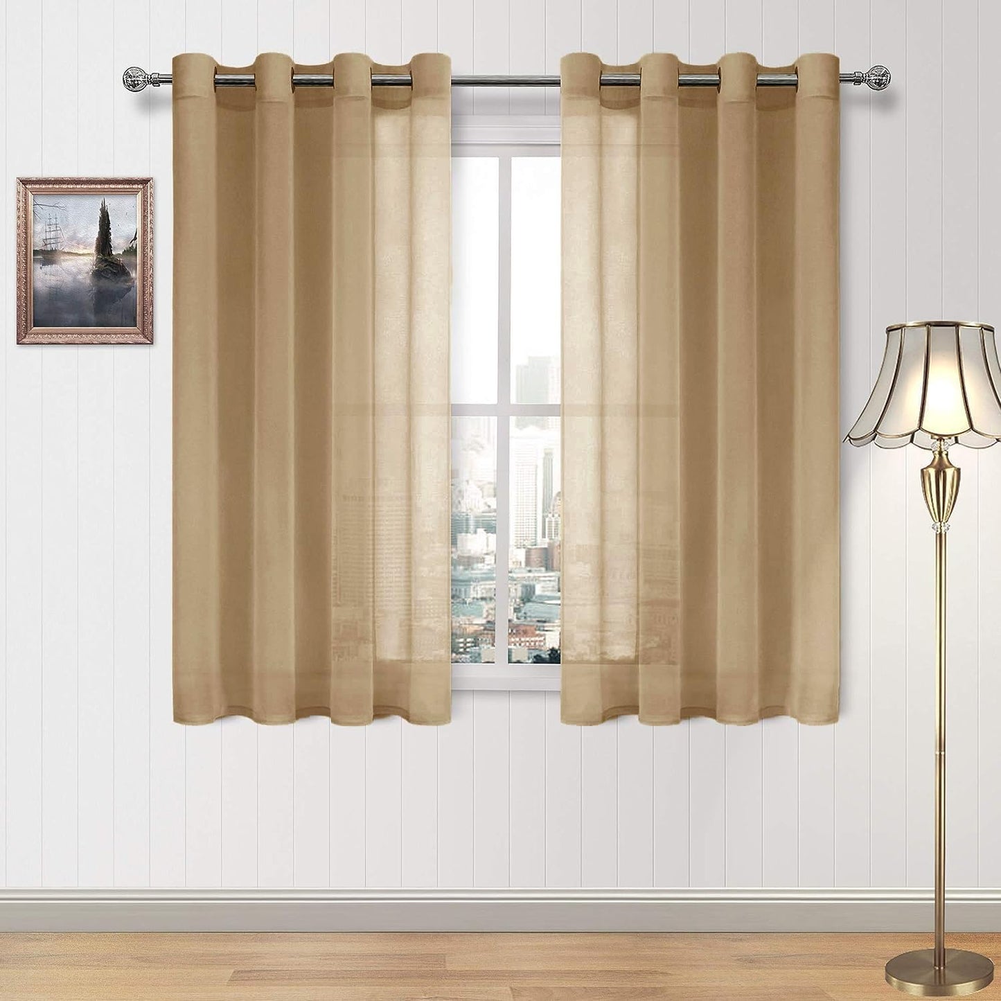 DWCN White Sheer Curtains Linen Look Semi Transparent Voile Grommet White Curtains for Living Dining Room Drapes 52 x 84 Inch Long, Set of 2 Panels