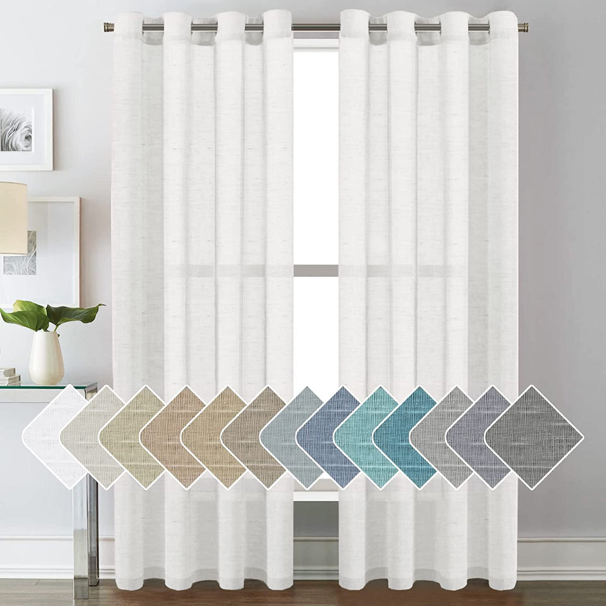 H.VERSAILTEX Natural Linen Sheer Curtains Flax Linen Blended Curtain Panels Living Room, Nickel Grommet Semitransparent Semi-Sheer Soft Privacy Drapes, Natural, 84 inches Long 2 Panels
