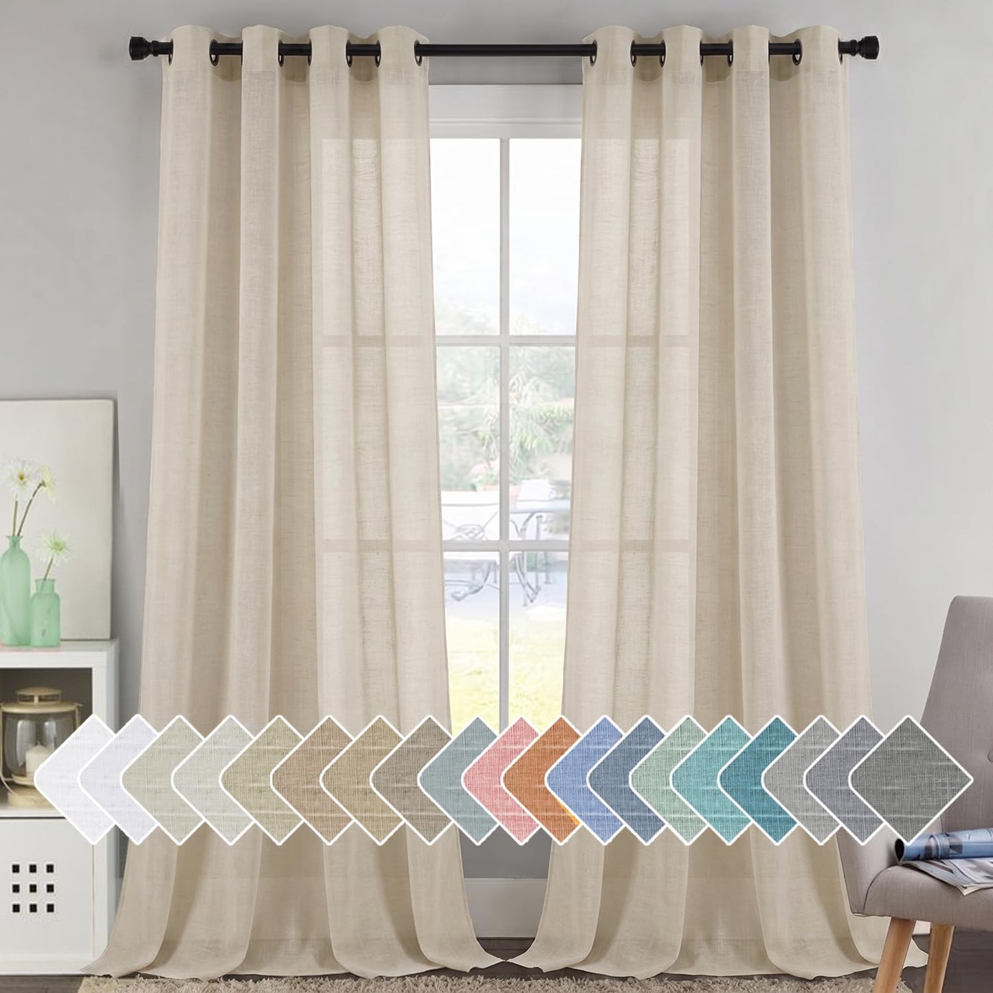 H.VERSAILTEX Natural Linen Sheer Curtains Flax Linen Blended Curtain Panels Living Room, Nickel Grommet Semitransparent Semi-Sheer Soft Privacy Drapes, Natural, 84 inches Long 2 Panels