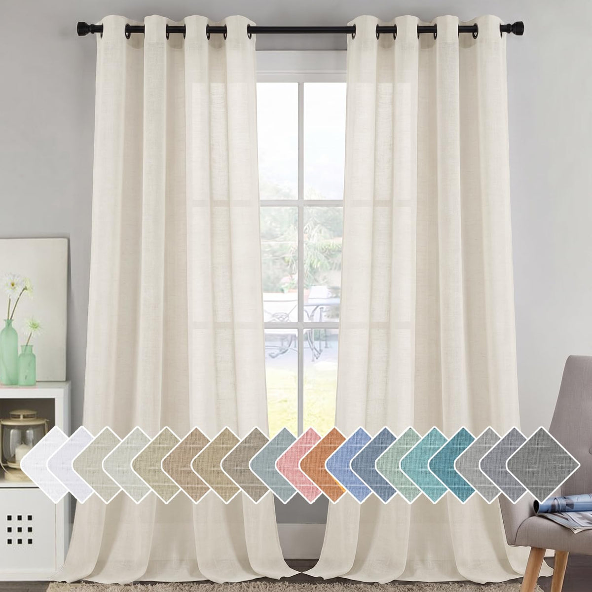 H.VERSAILTEX Natural Linen Sheer Curtains Flax Linen Blended Curtain Panels Living Room, Nickel Grommet Semitransparent Semi-Sheer Soft Privacy Drapes, Natural, 84 inches Long 2 Panels