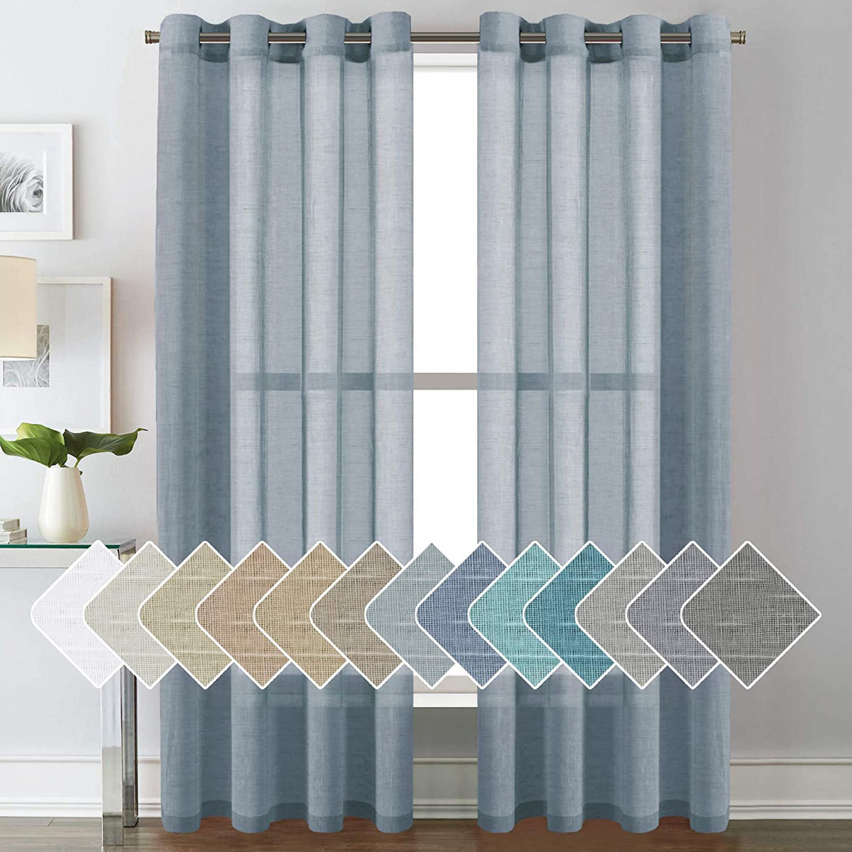 H.VERSAILTEX Natural Linen Sheer Curtains Flax Linen Blended Curtain Panels Living Room, Nickel Grommet Semitransparent Semi-Sheer Soft Privacy Drapes, Natural, 84 inches Long 2 Panels