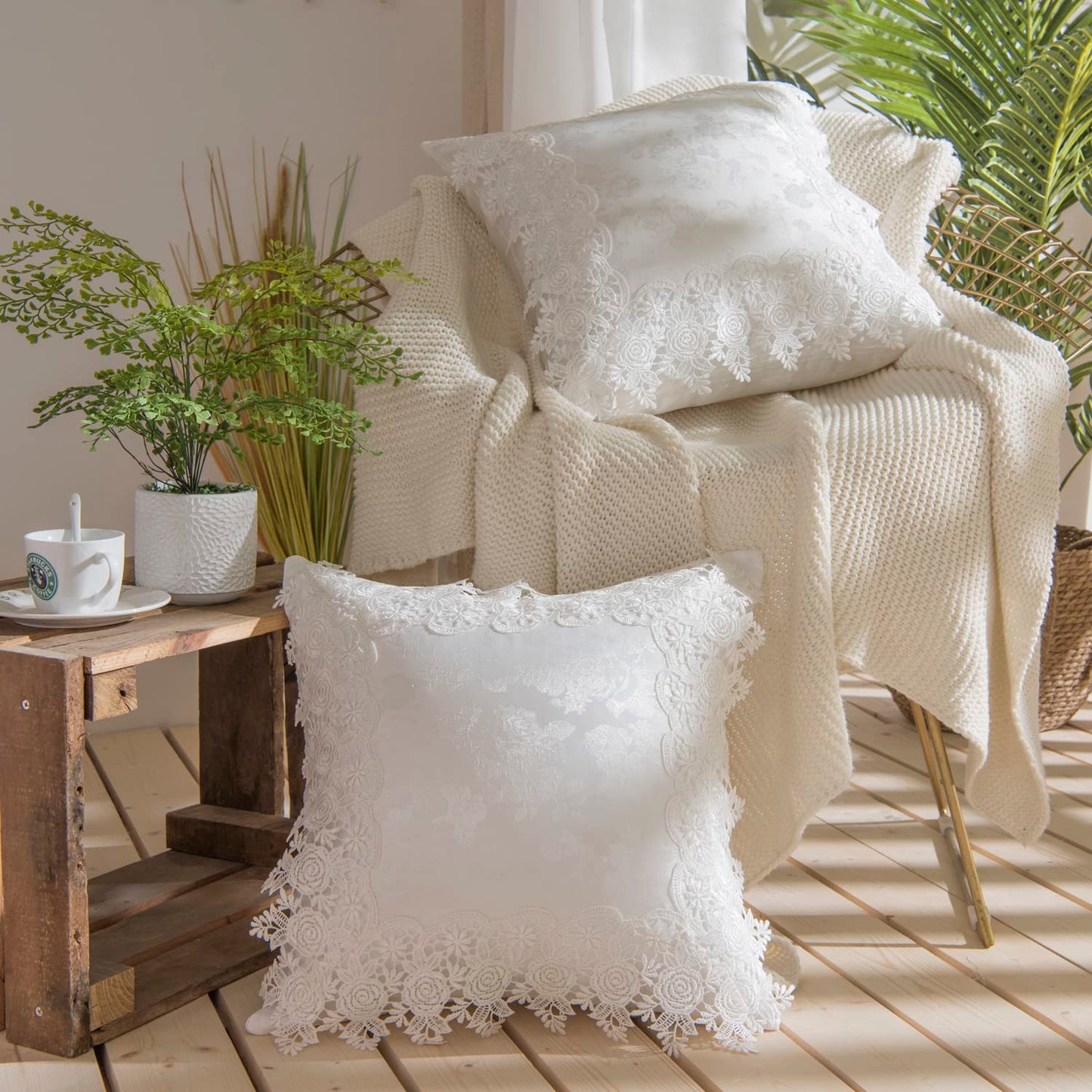 Jacquard Throw Pillow Covers French Cushion Cover Embroidery Lace Throw Pillow Cases for Couch Sofa Farmhouse Home Decoration Square 18 x18 Inch Set of 2 White
