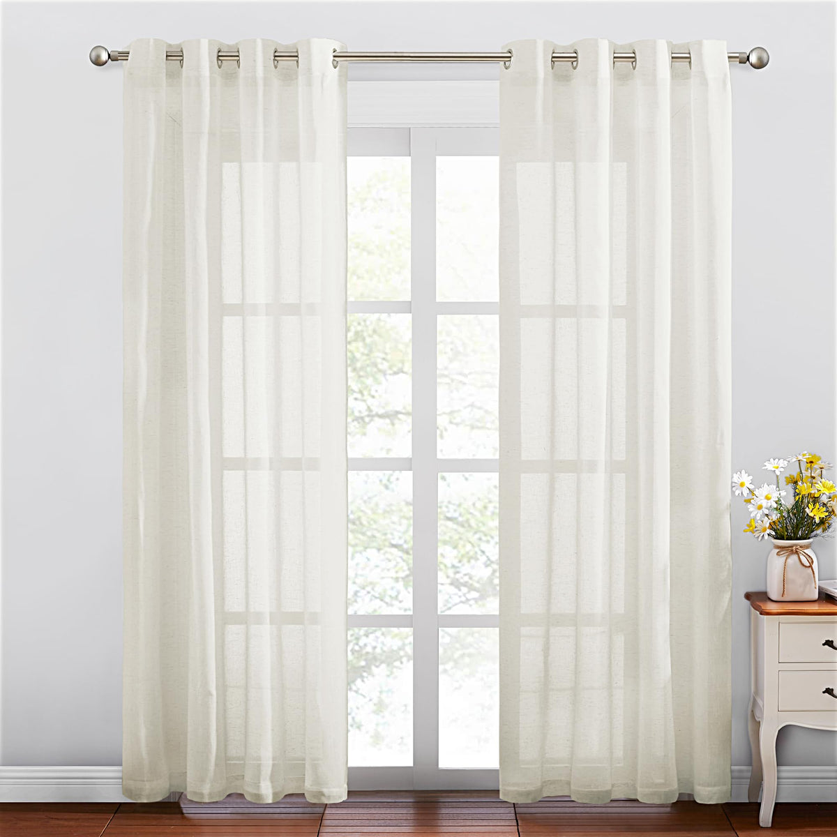 NICETOWN White Sheer Linen Curtains for Living Room 84 inch Length 2 Panels Set, Grommet Semi Sheer Privacy with Light Filtering Flax Window Treatments for Bedroom, W52 x L84