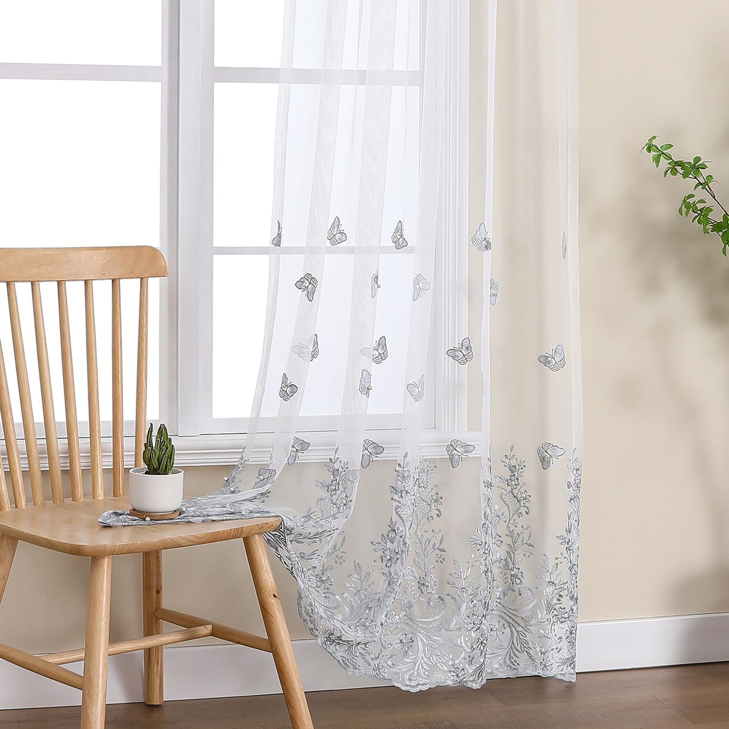 Sheer Curtains Boho Leaf Floral Embroidered Cream Beige 54Wx84L | Light Filtering Semi Sheer Voile Curtains With Design, Rod Pocket Window Drapes for Bedroom Living Room 2 Panels