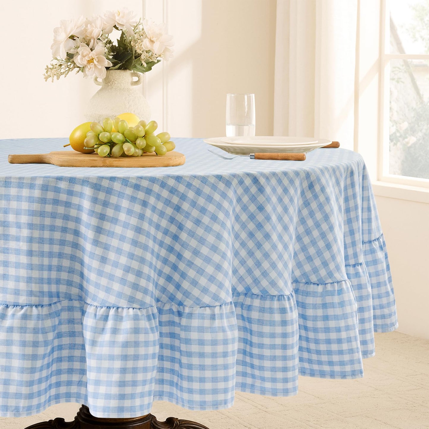 Romanstile Gingham Ruffled Tablecloth Rectangle, 60 x 84 Inch, Sage Green | Waterproof Checkered Table Cloth, Polyester-cotton, Farmhouse Plaid Table Cover for Outdoor, Picnic, Camping, Party