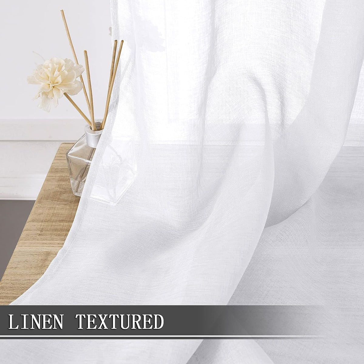 Tollpiz Sheer Curtains Living Room Linen Textured Curtain Sheers Light Filtering Voile Rod Pocket Curtains for Bedroom, 38 x 63 inches Long, White, Set of 2 Panels
