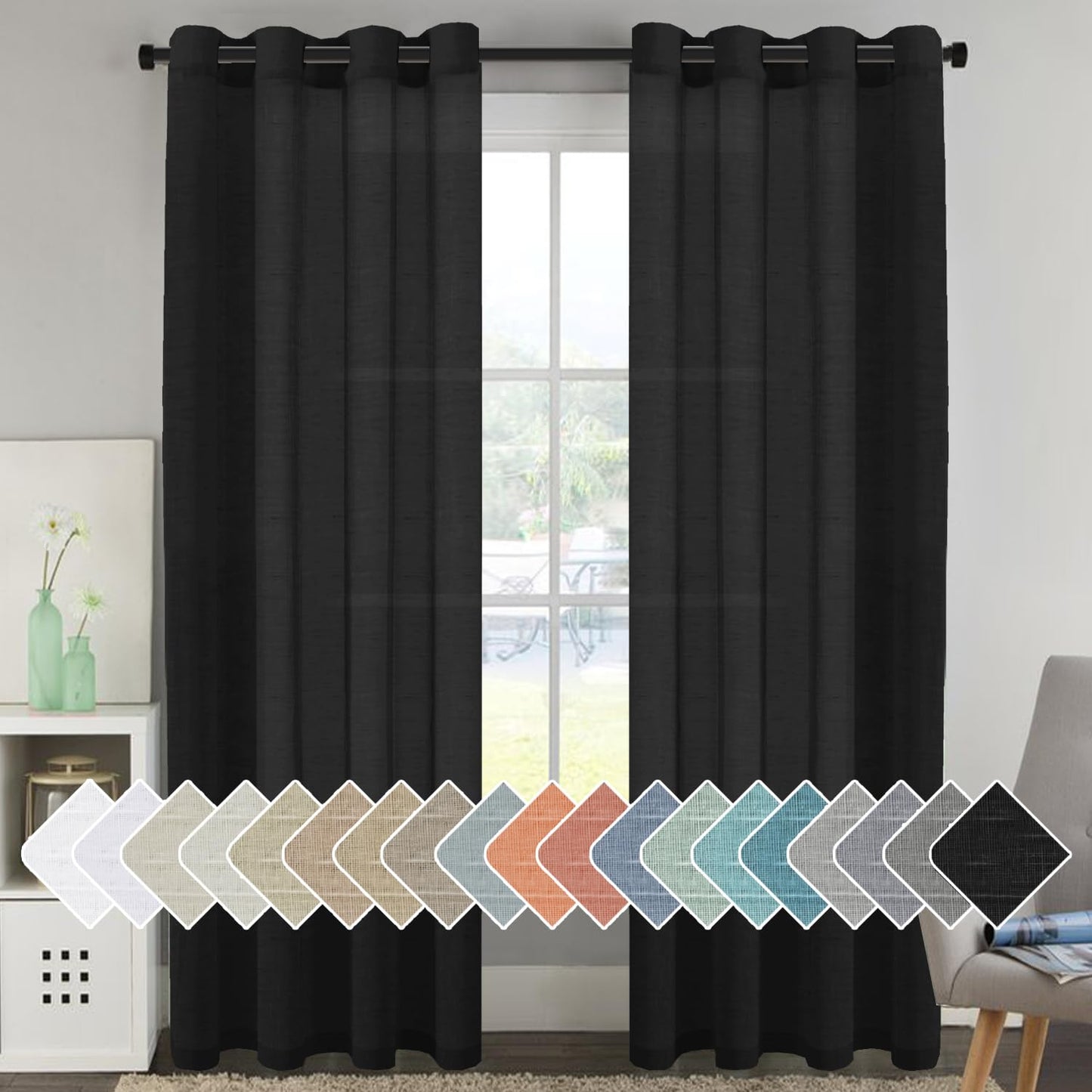 H.VERSAILTEX Natural Linen Sheer Curtains Flax Linen Blended Curtain Panels Living Room, Nickel Grommet Semitransparent Semi-Sheer Soft Privacy Drapes, Natural, 84 inches Long 2 Panels