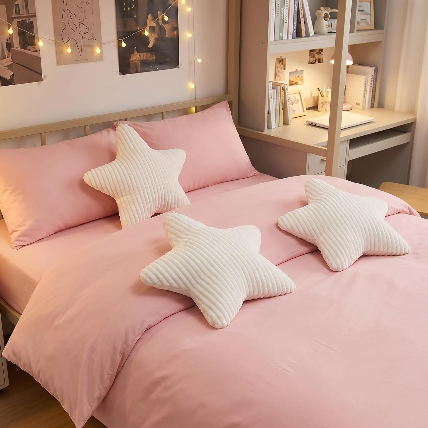 Qunclay 15" White Star Pillow Star Shaped Throw Pillows Decorative Soft Striped Faux Fur Plush for Couch Sofa Bed Modern Farmhouse Creamy Boho Aesthetic Home Bedroom Living Room Decor Boy Girl Gift