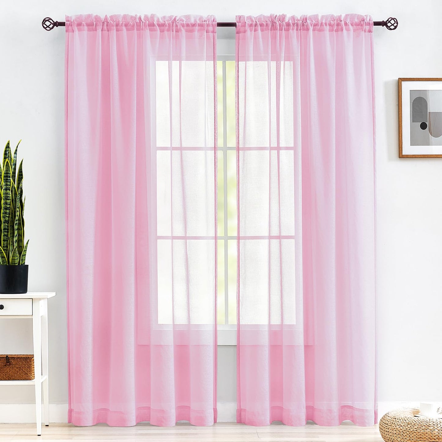 MYSTIC-HOME Sheer Curtains White 63 Inch Length, Rod Pocket Voile Drapes for Living Room, Bedroom, Window Treatments Semi Crinkle Curtain Panels for Yard, Patio, Villa, Parlor, Set of 2, 52"x 63"