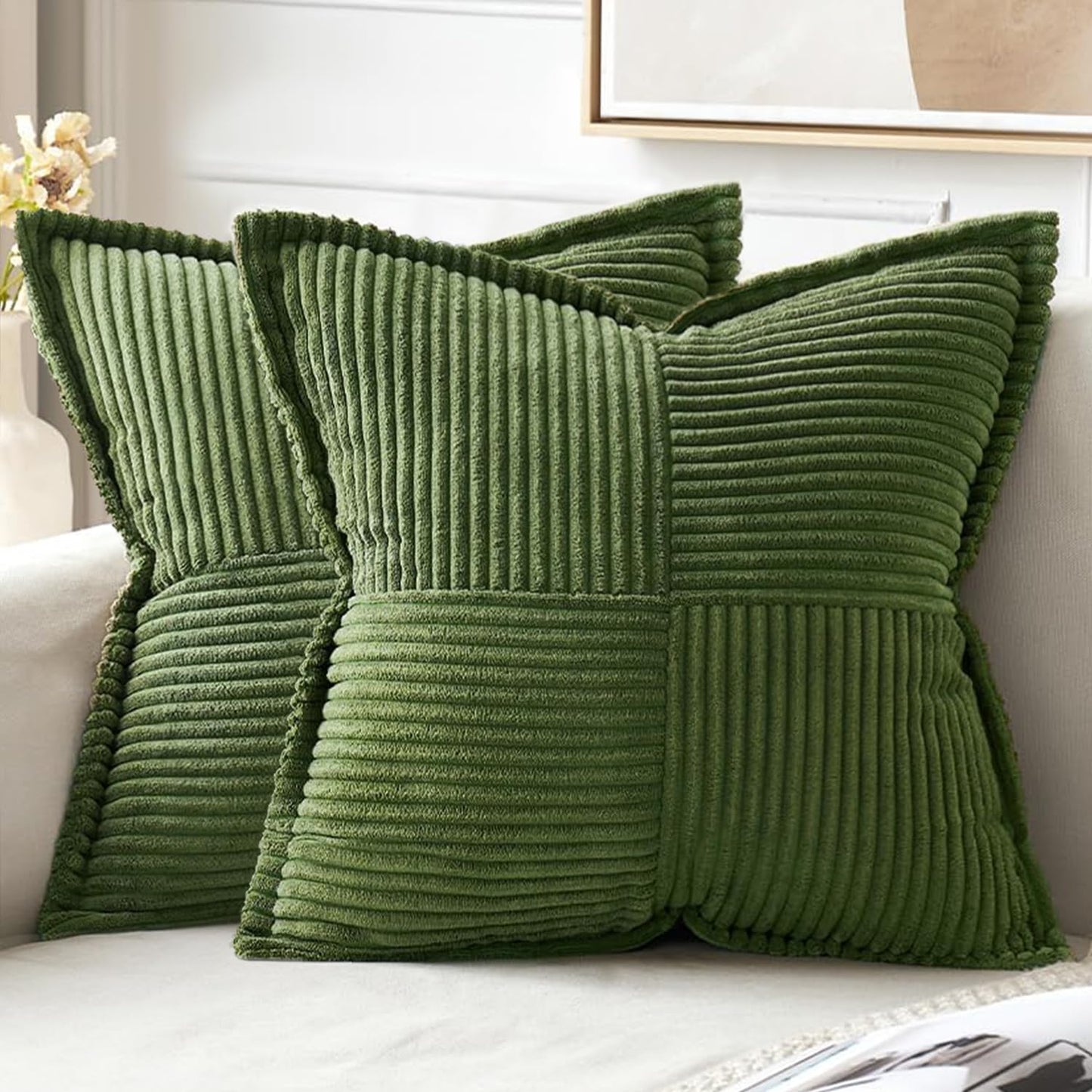 MIULEE Decorative Throw Pillow Covers for Couch 18x18 Inch Beige 2 Pack | Boho Broadside Striped Patchwork Pillow Covers, Soft Corduroy Cushion Cases, For Sofa Bed Livingroom Home Decor