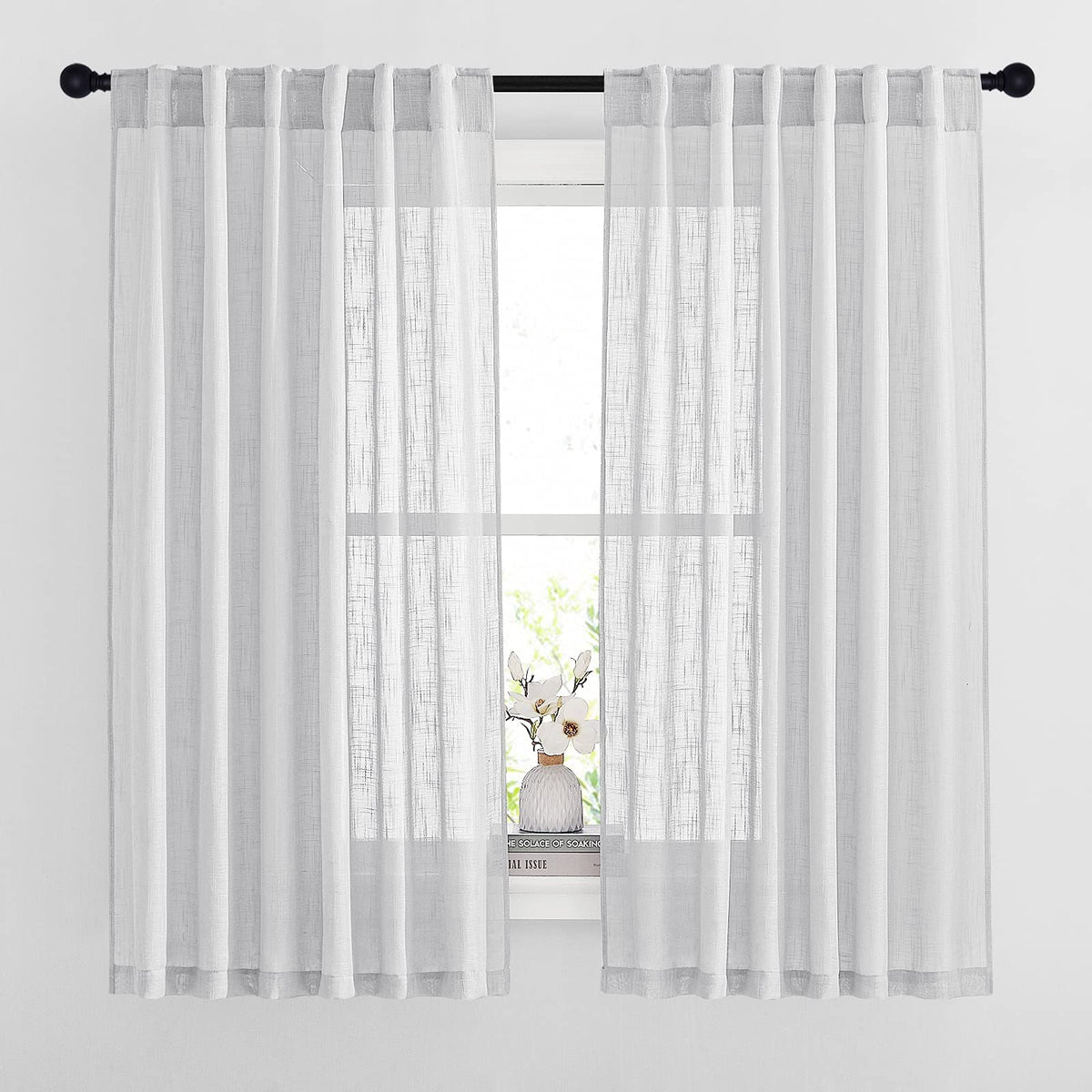 NICETOWN Flax Linen Curtains 84 inch Long, Rod Pocket & Back Tab Semi Sheer Vertical Drapes Privacy Added with Light Filtering for Bedroom/Living Room, Burlap, W52 x L84, 2 Pieces