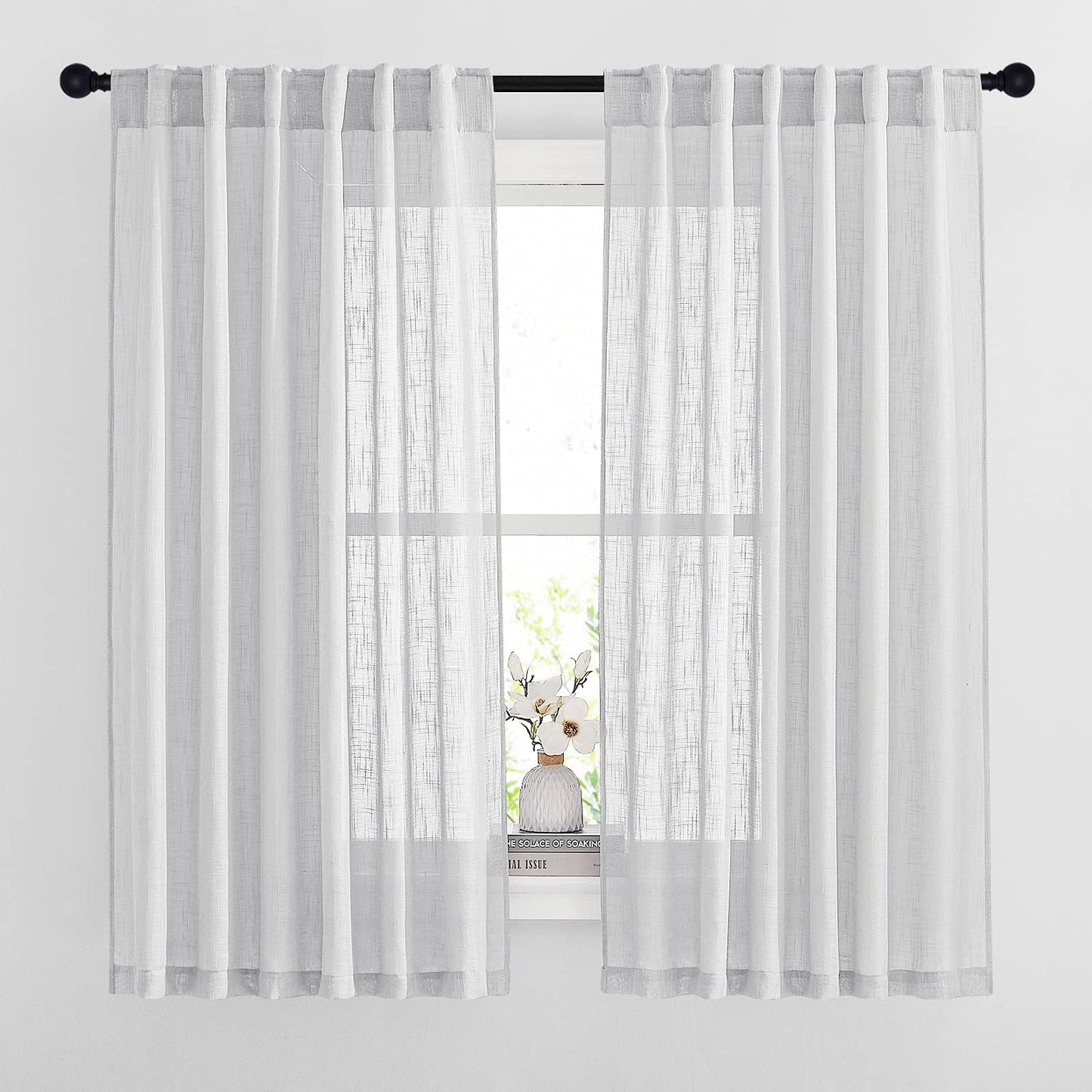 NICETOWN White Linen Sheer Curtains and Drapes 84 inches Long, Rod Pocket & Back Tab semitransparent with Light Through Vertical Window Treatments for Sliding Glass Door & Living Room, 52"W, Set of 2