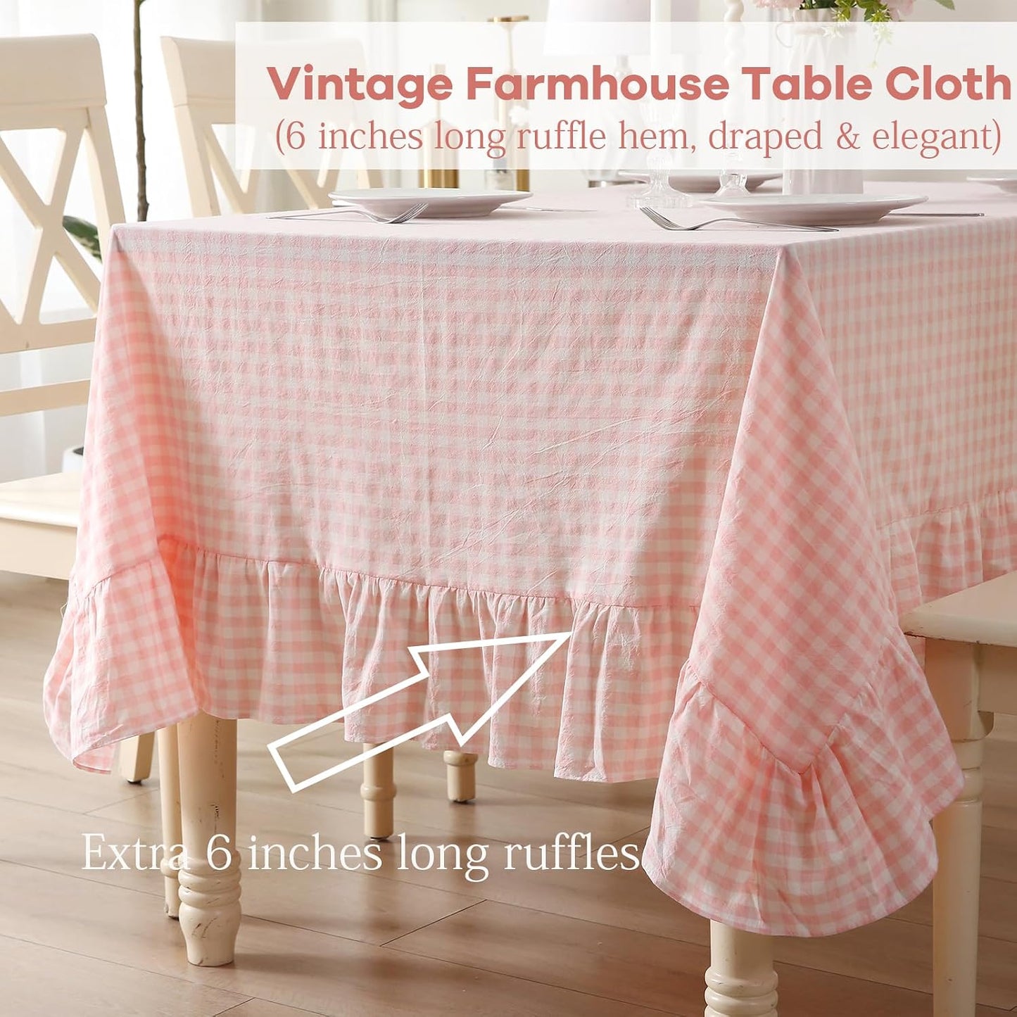 Blush White Gingham Ruffled Table Cloth Rectangular 120“x60” | 100% Washed Cotton, for Seat 8-10, Buffet Picnic Baby Shower Party Tablecloth, Decorative Checker Plaid Farmhouse Table Cover