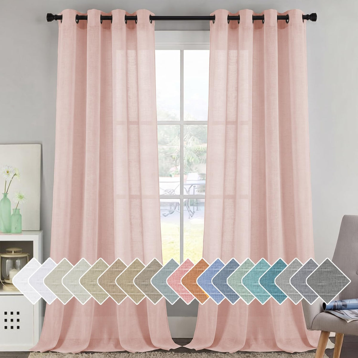 H.VERSAILTEX Natural Linen Sheer Curtains Flax Linen Blended Curtain Panels Living Room, Nickel Grommet Semitransparent Semi-Sheer Soft Privacy Drapes, Natural, 84 inches Long 2 Panels