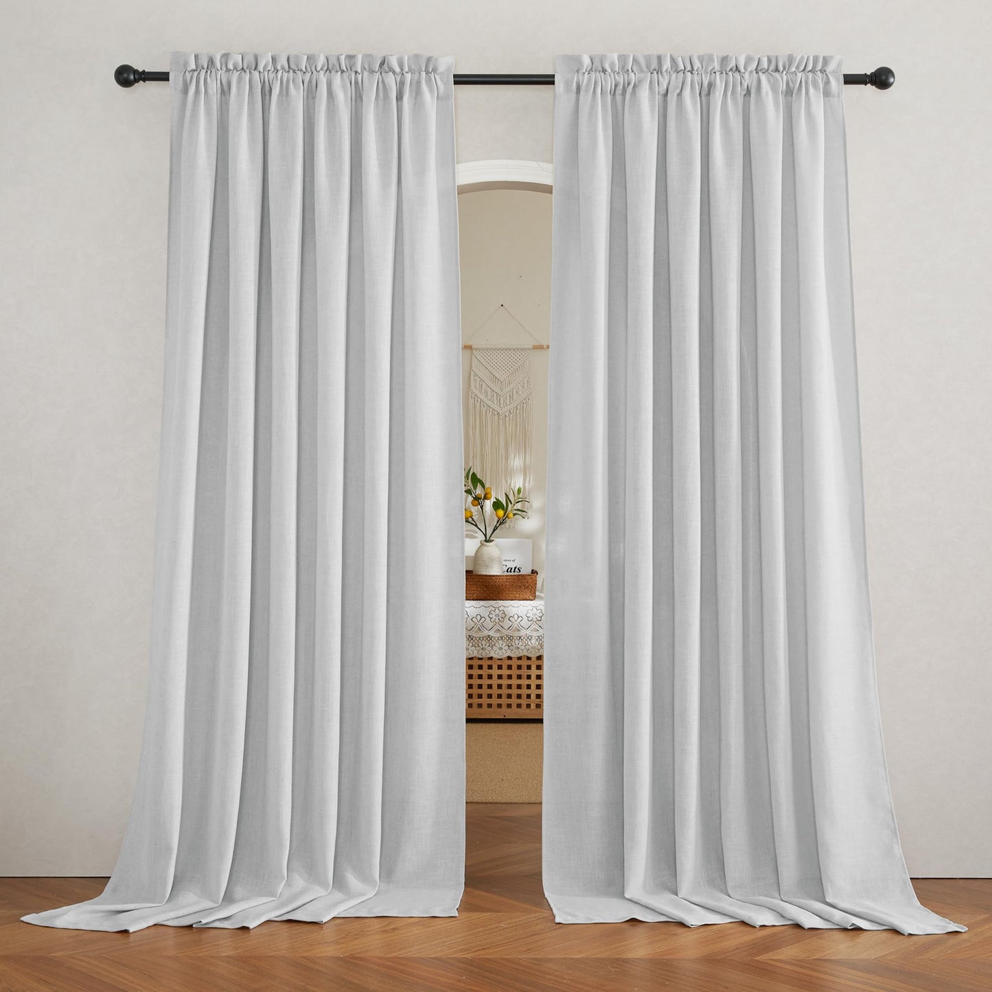 RYB HOME White Semi Sheer Curtains 84 inches Long for Living Room | Half Privacy, Linen Textured, Sheer Light Filtering, Vertical Window Drapes, for Bedroom Dining, White, W52 x L84, 2 Panels